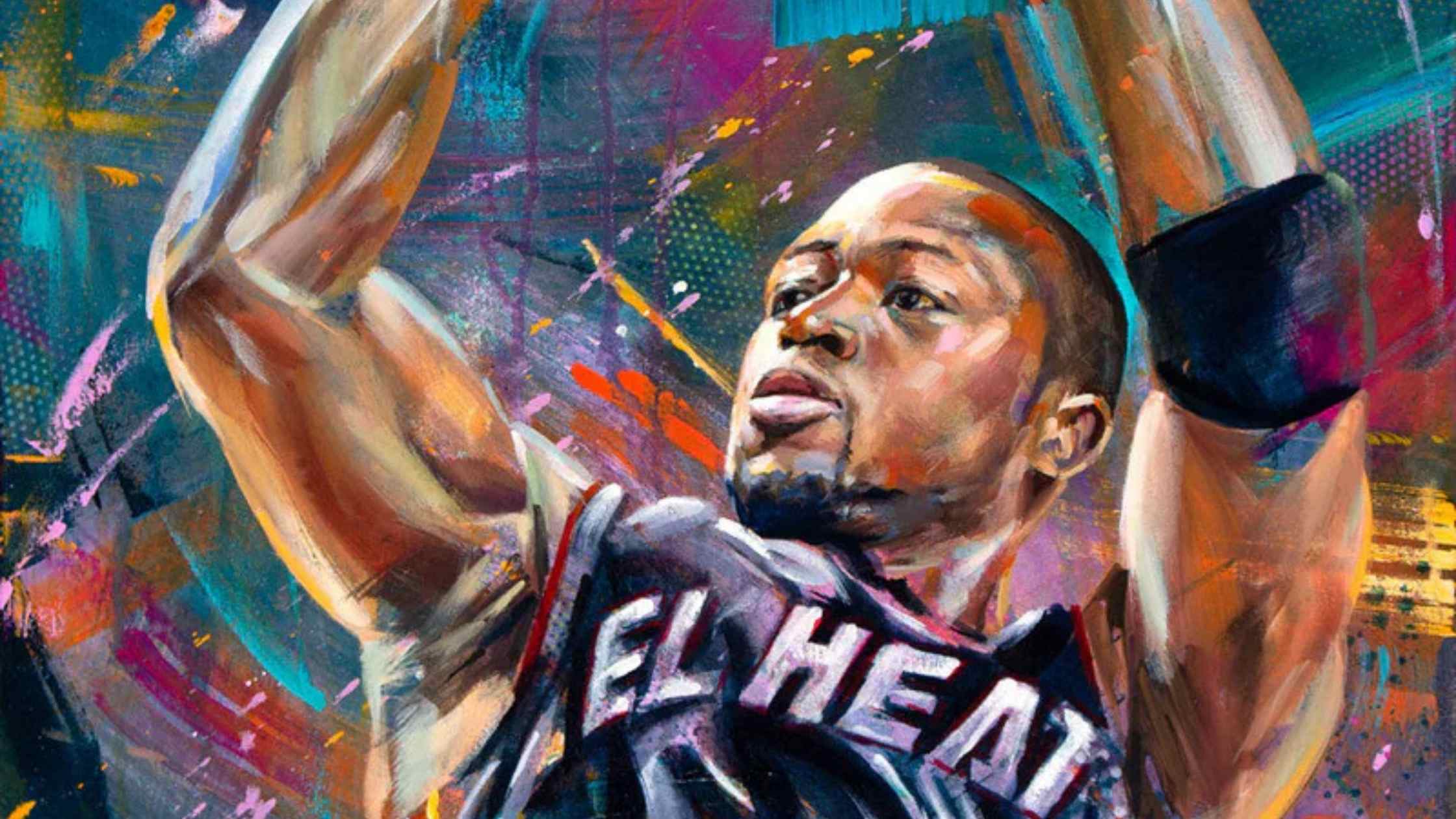 Portrait painting print or poster of Dwyane Wade in Miami Heat uniform in vivid color