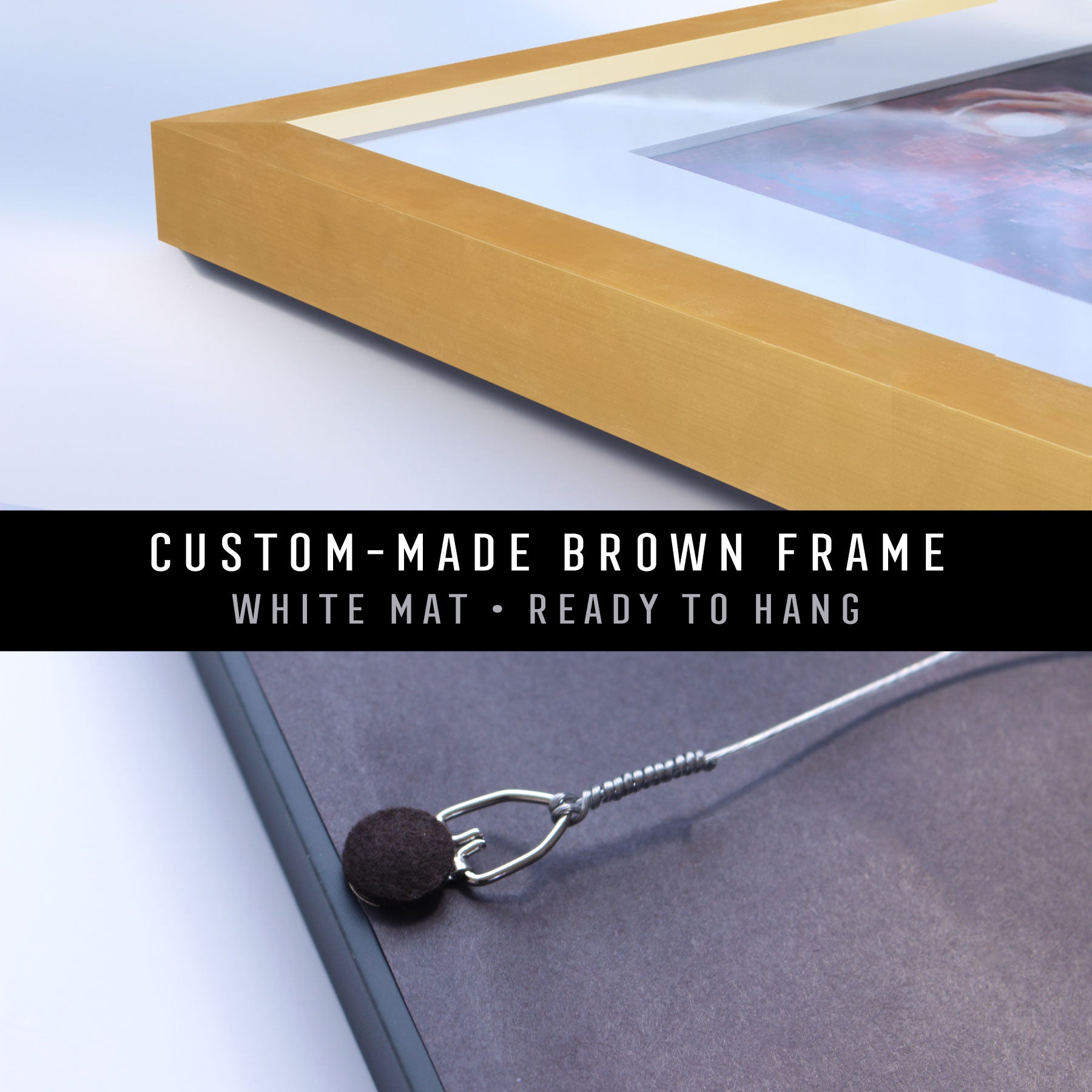 Giclee fine art paper print in a gold frame. Metal D-ring and picture wire on the back of the frame.