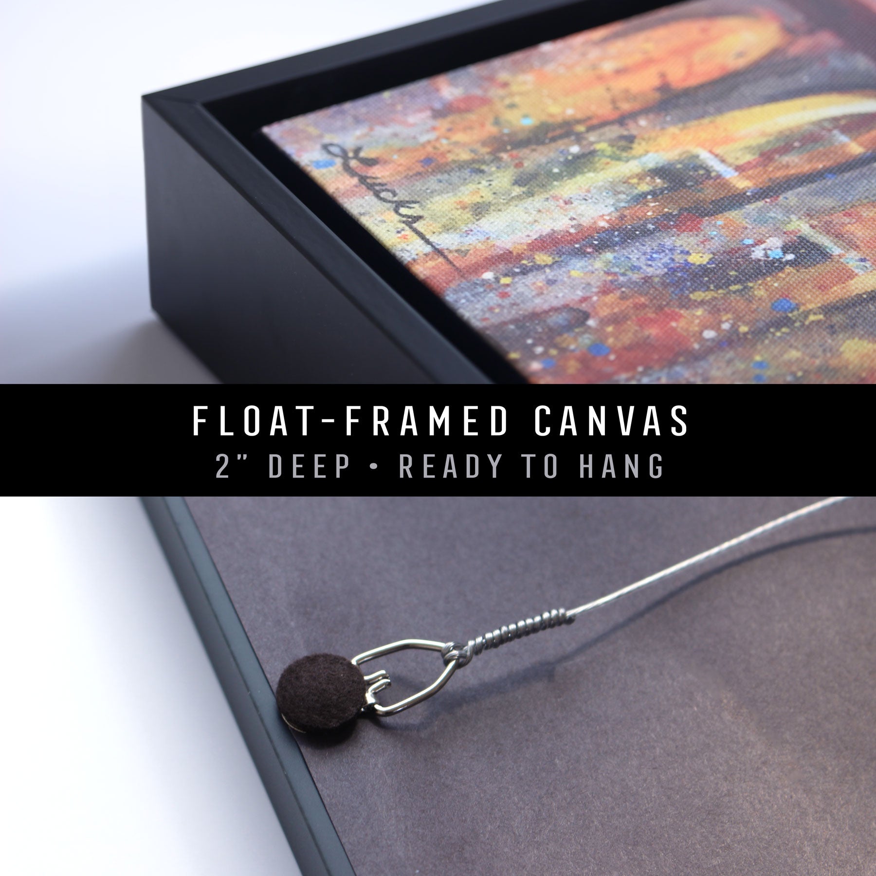 Gallery-wrapped canvas in a black float frame. Metal D-ring and picture wire on the back of the canvas.