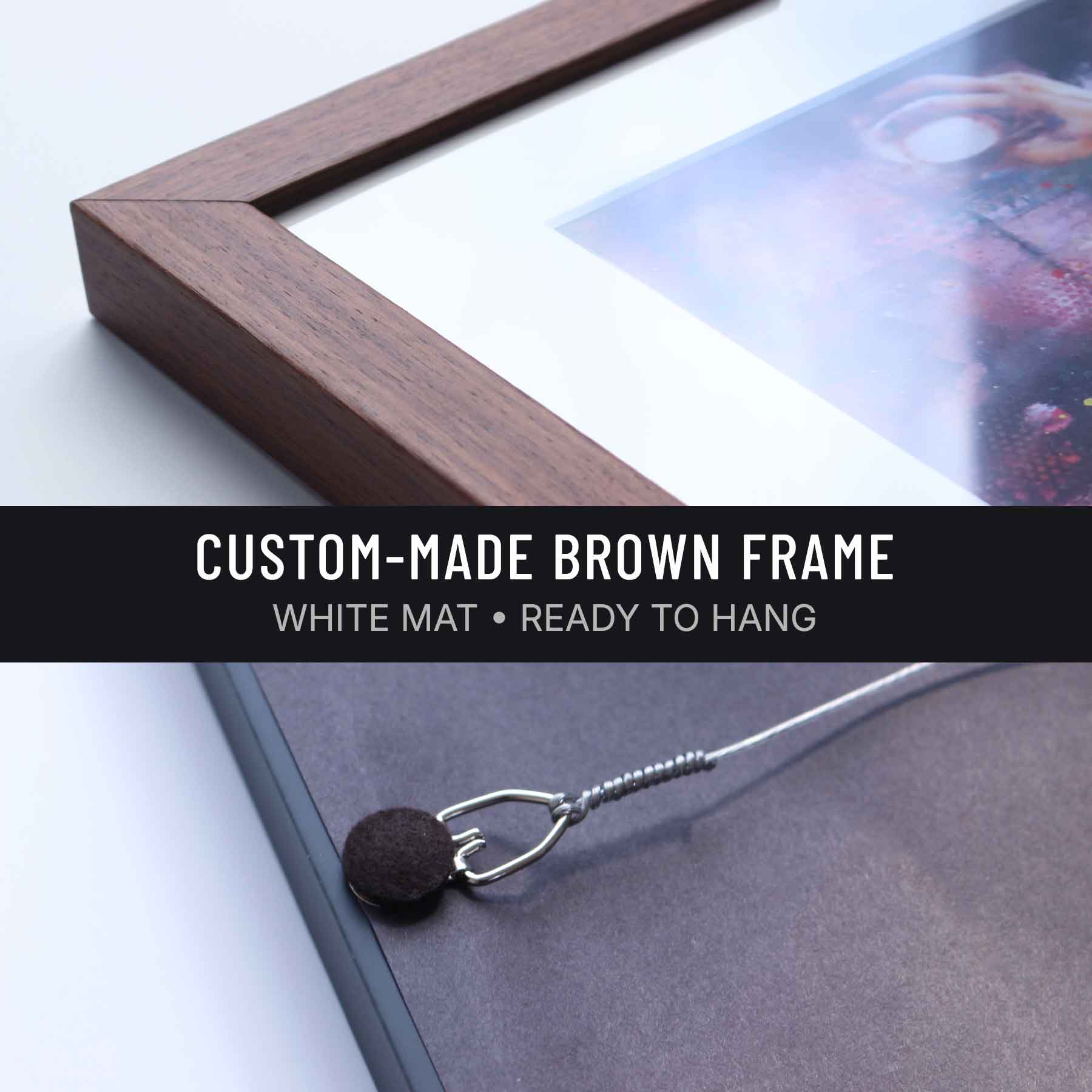 Giclée fine art paper print in a custom brown frame by Kyle Lucks Fine Art. Metal D-ring and picture wire, ready to hang.