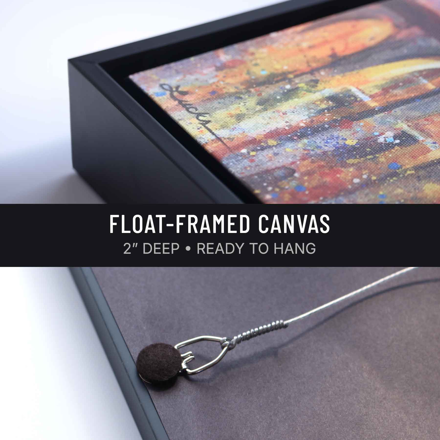 Gallery-wrapped canvas in a black float frame. 2 inches deep, wired and ready to hang, Kyle Lucks Fine Art