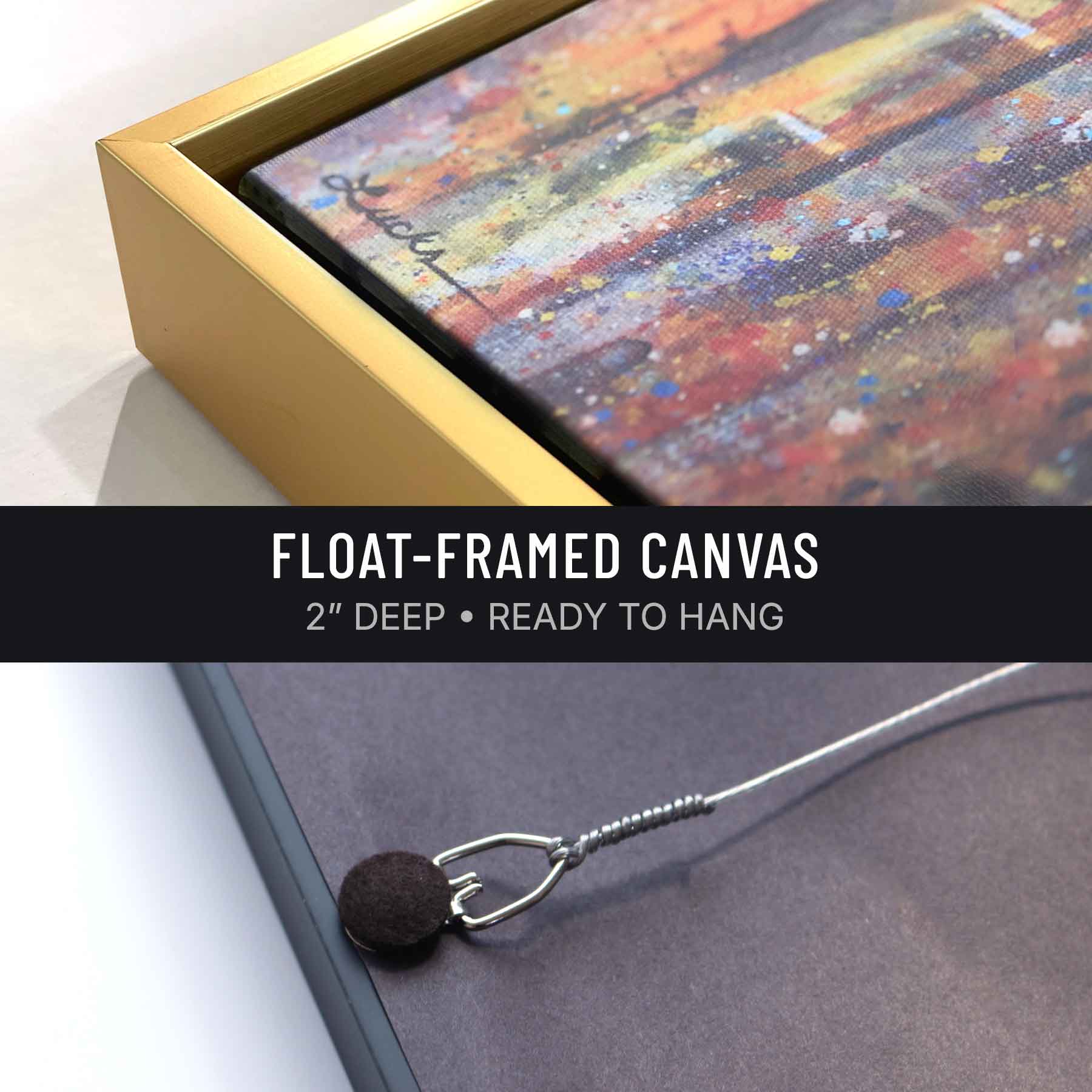 Gallery-wrapped canvas in a gold float frame. 2 inches deep, wired and ready to hang, Kyle Lucks Fine Art