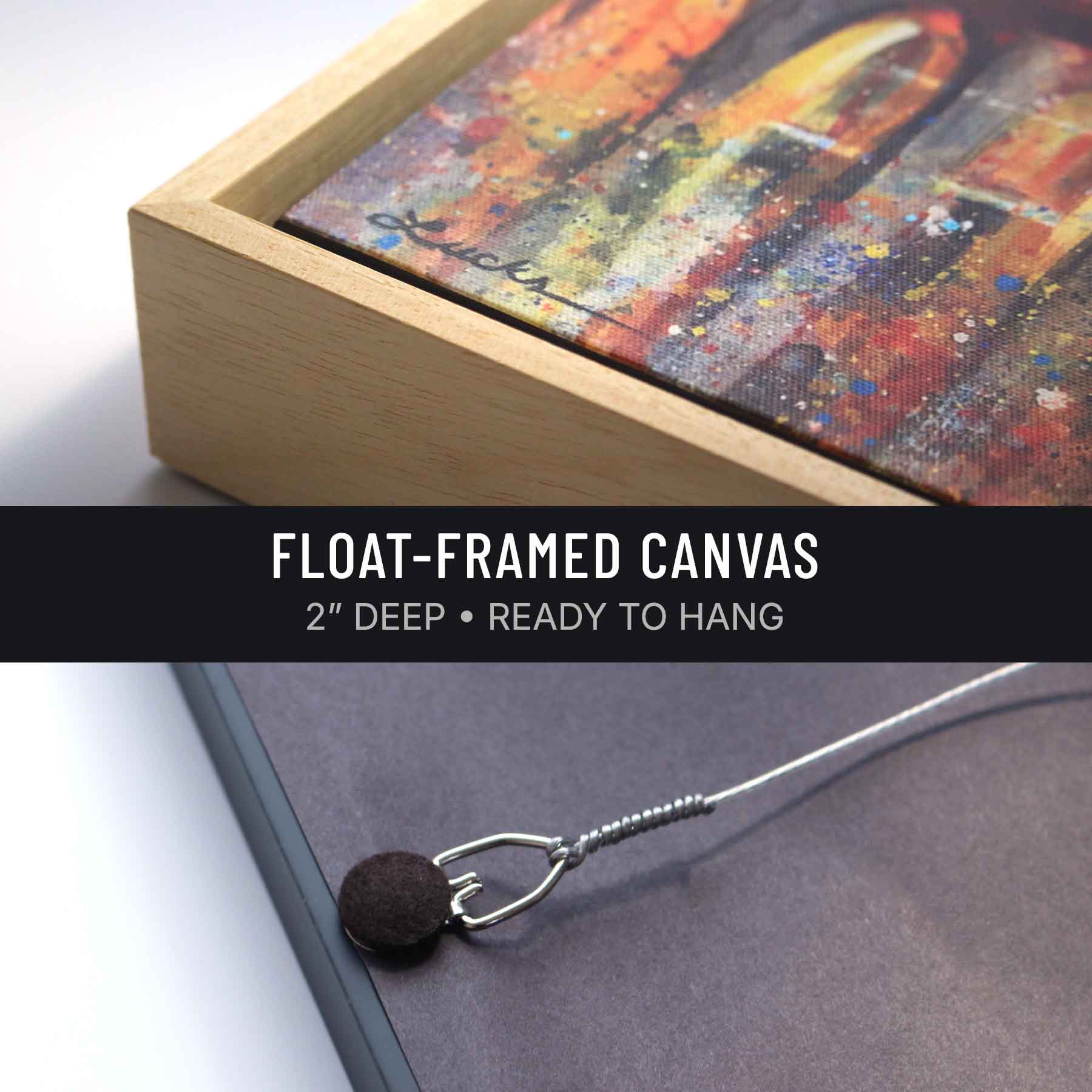 Gallery-wrapped canvas in a natural wood float frame. 2 inches deep, wired and ready to hang, Kyle Lucks Fine Art