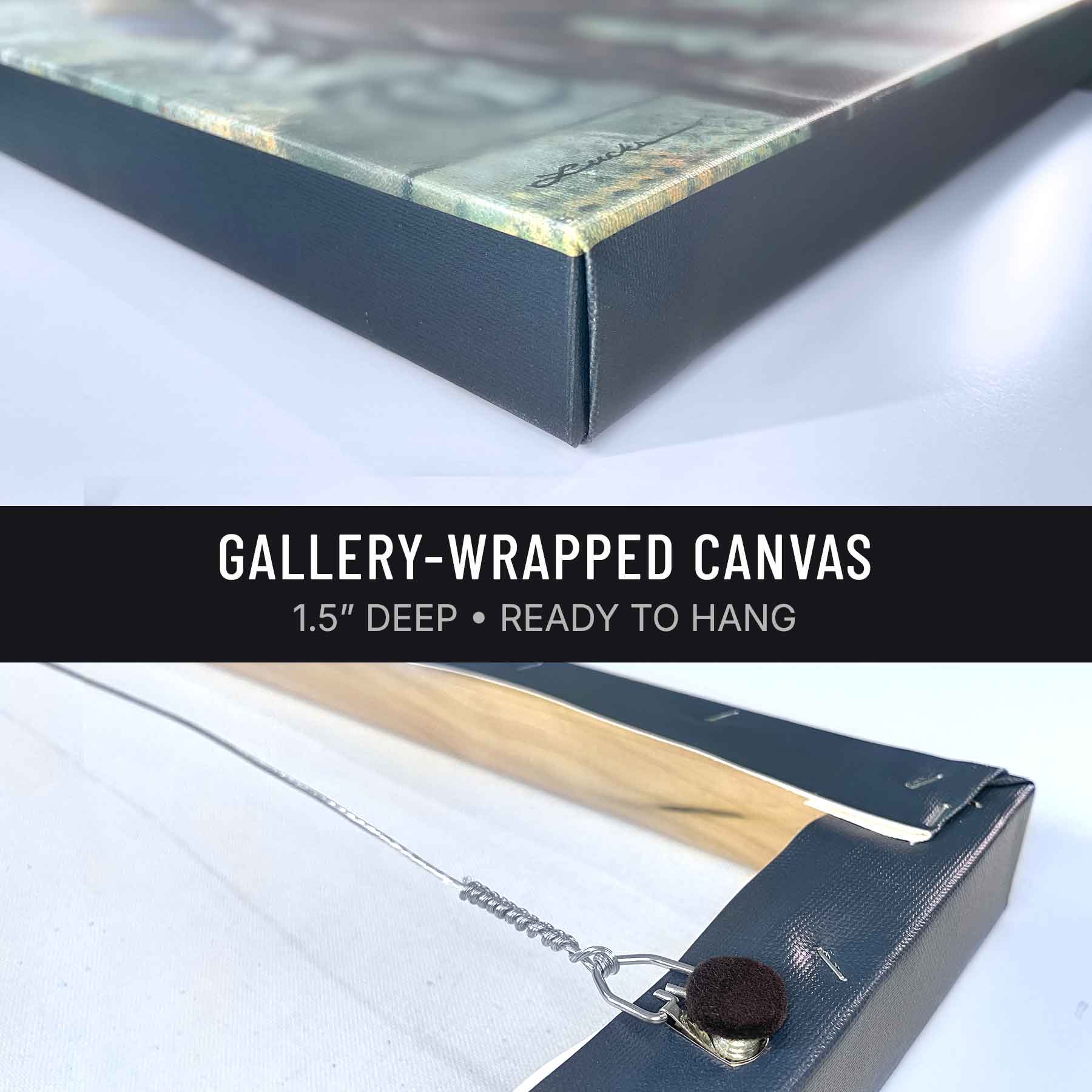 Gallery-wrapped canvas giclee print by Kyle Lucks Fine Art. 1.5 inches deep, metal D-ring, picture wire, ready to hang.