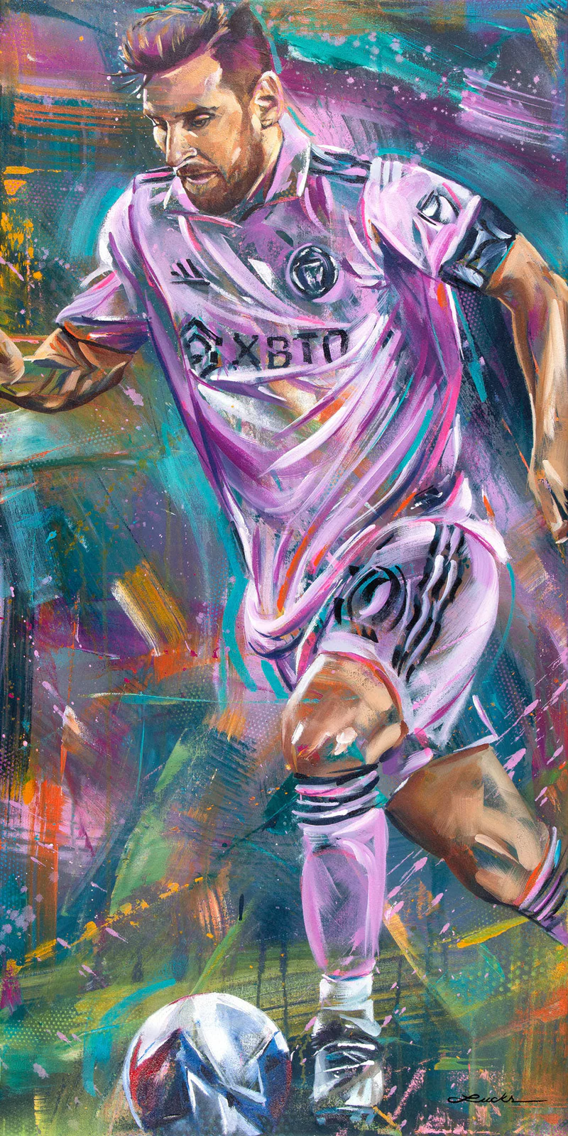Print of Lionel Messi Painting Inter Miami Pink Uniform