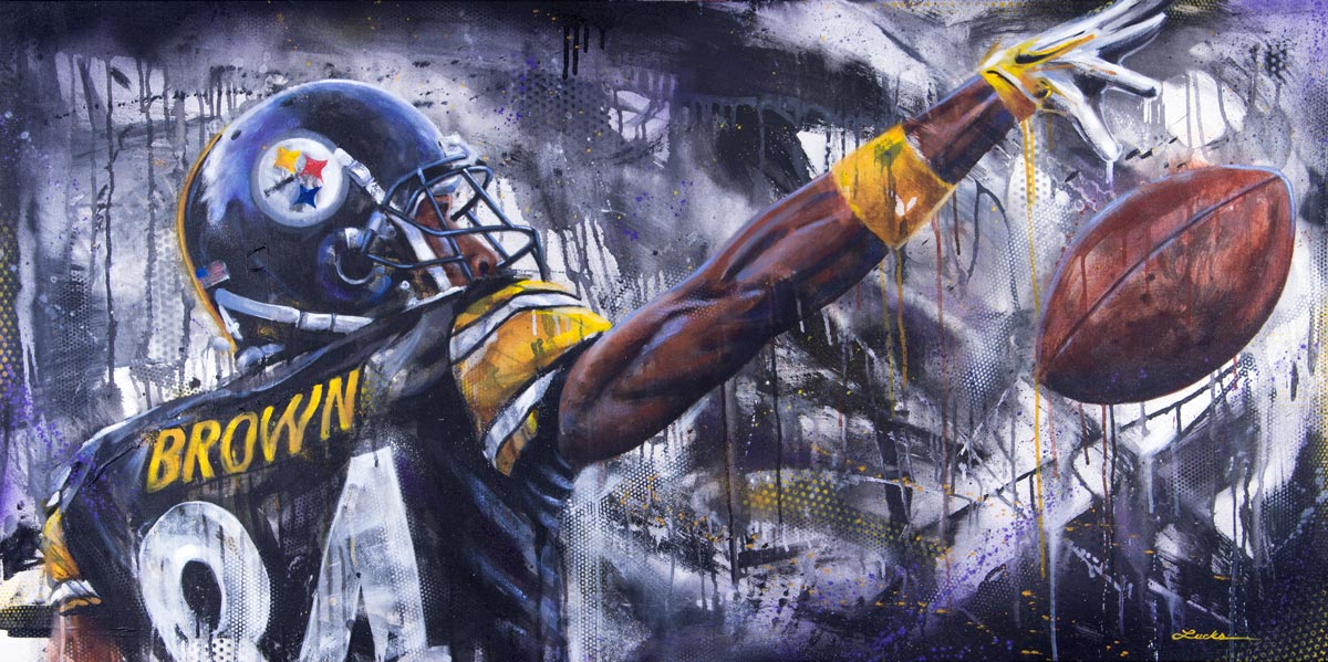 Antonio Brown reaches for the ball in his Steelers jersey, bold black and gold fine art by Kyle Lucks