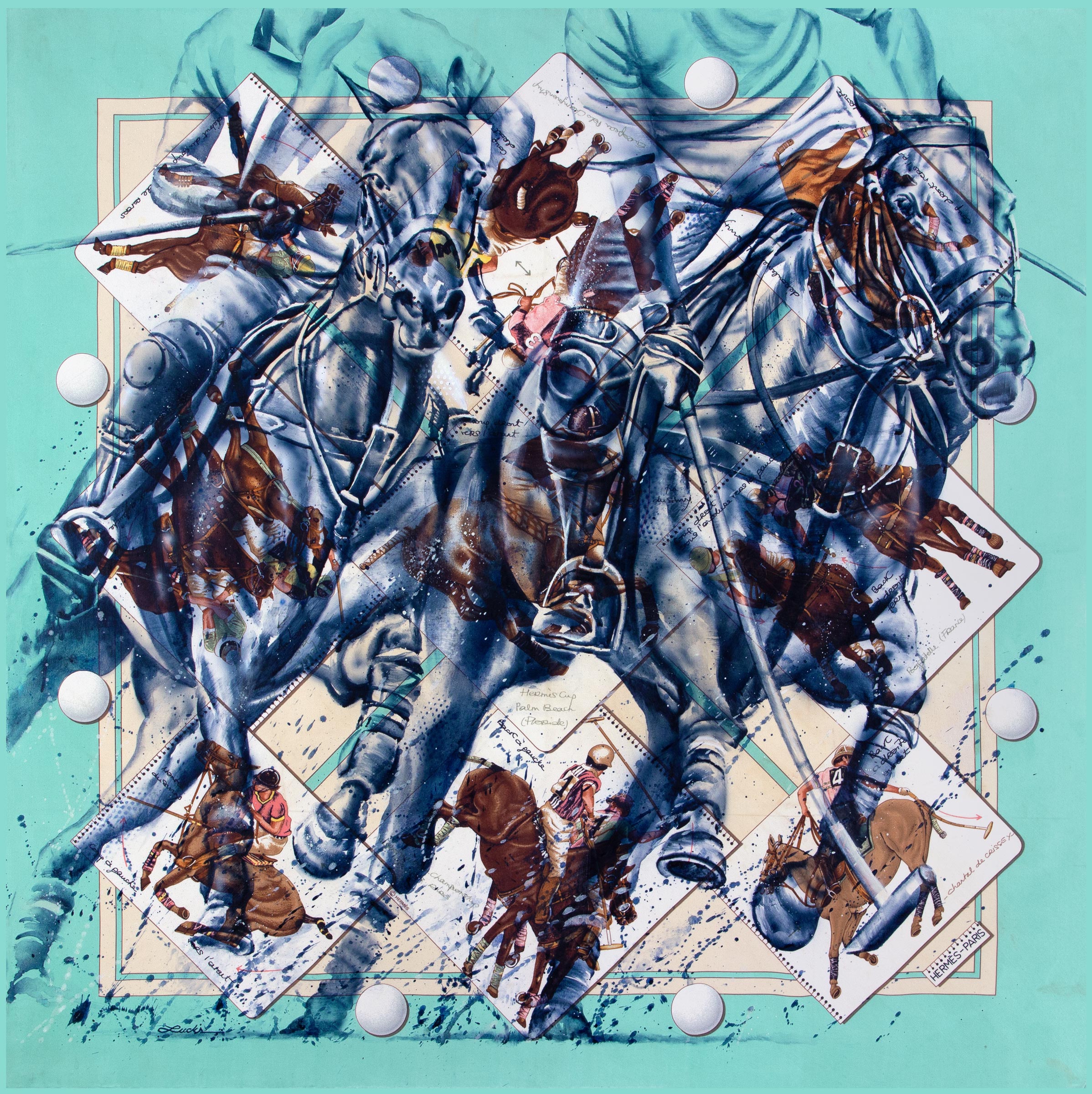 The Art of Polo, a polo scene painted on a vintage Hermès silk scarf in navy, teal and brown, fine art print by Kyle Lucks