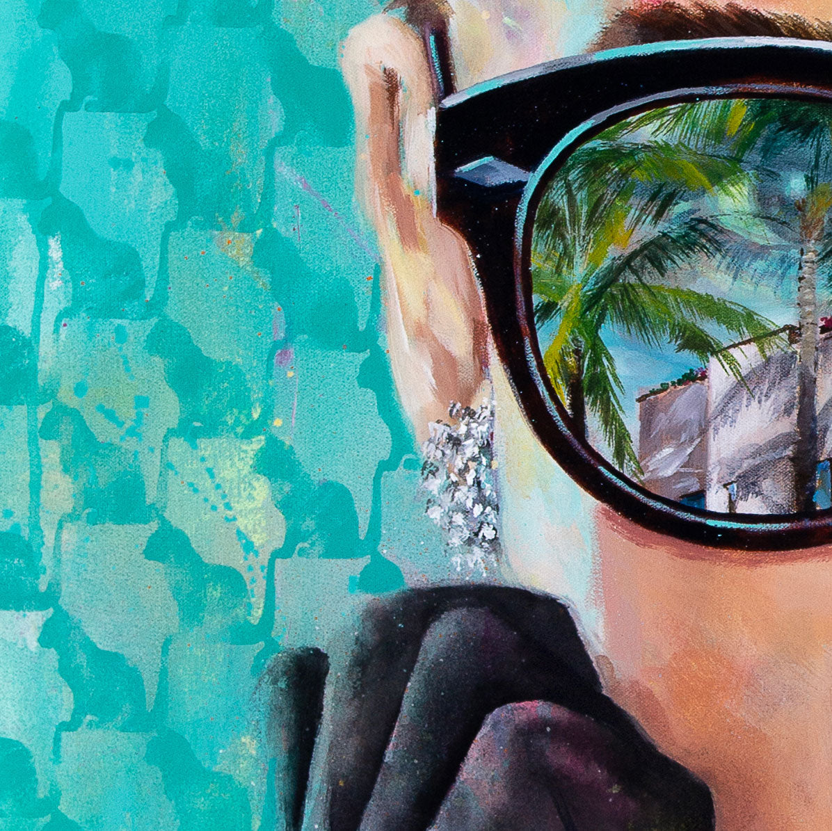 Painted portrait of Audrey Hepburn wearing a pearl necklace and oversized sunglasses with the reflection of the Tiffany & Co. store on Worth Avenue in Palm Beach, Florida.