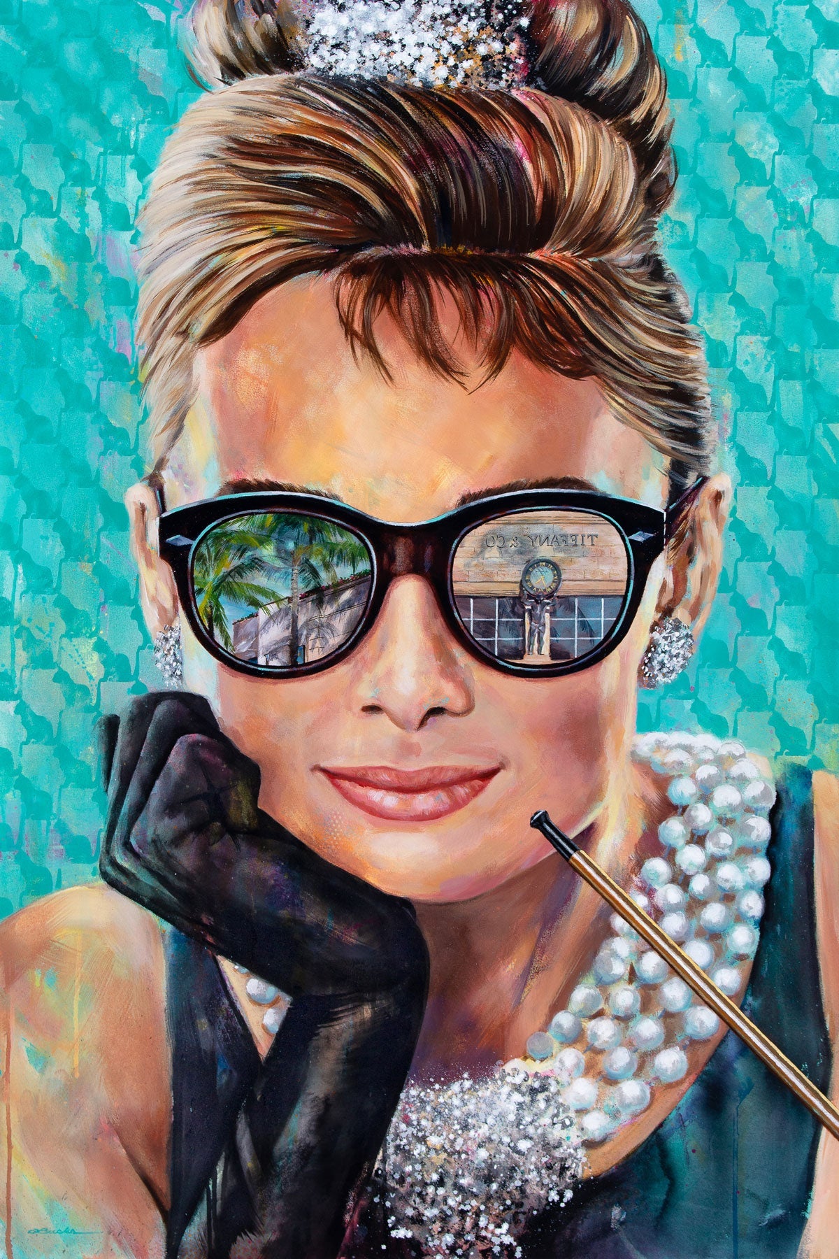 Painted portrait of Audrey Hepburn wearing a pearl necklace and oversized sunglasses with the reflection of the Tiffany & Co. store on Worth Avenue in Palm Beach, Florida.