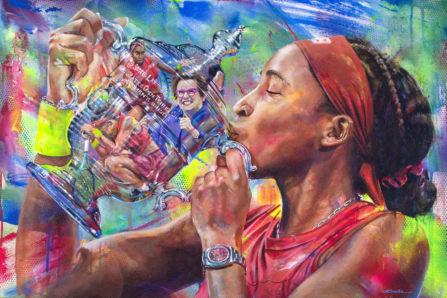 Portrait painting of tennis start Coco Gauff wearing a red shirt and kissing the US Open trophy with the reflection of Billie Jean King in it. Framed art print of painting of tennis star Coco Gauff holding Tiffany's designed U.S. Open trophy with reflection of Billie Jean King, tennis fine art print by Kyle Lucks