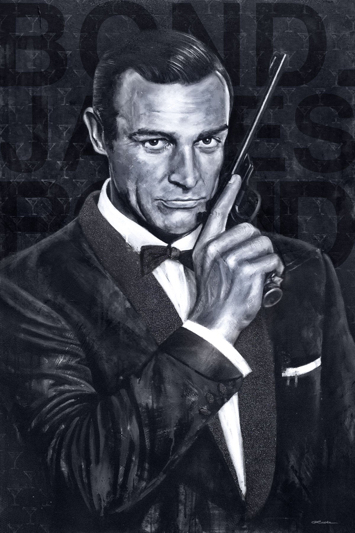 Portrait painting of Sir Sean Connery as secret agent James Bond, wearing a black tuxedo and holding a gun. The words Bond, James Bond are in the background.