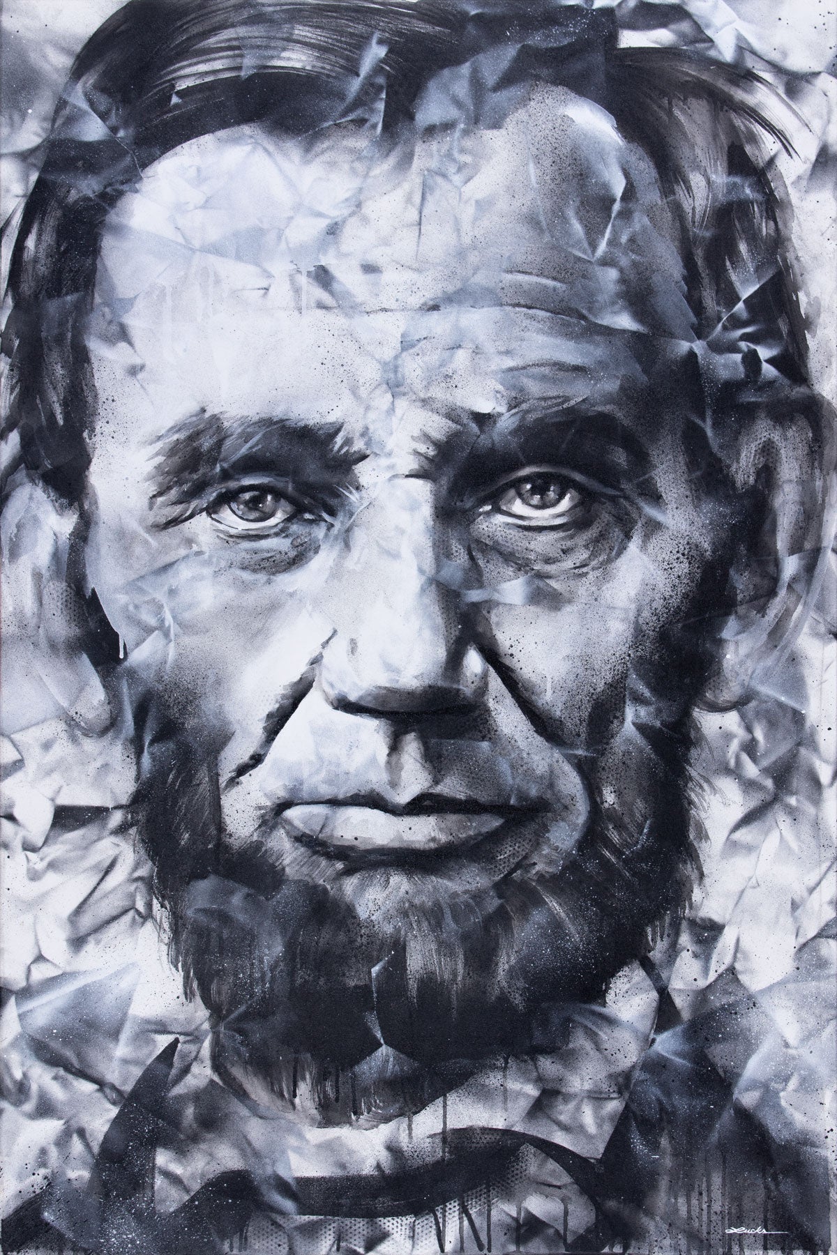original large-scale portrait of Abraham Lincoln by renowned artist Kyle Lucks, known for detailed portraits of athletes, musicians, and cultural icons. Iconic artwork captures Lincoln's powerful presence and emotional depth, a must-see piece for collectors of historical art. Kyle Lucks, paints influential figures, bringing history to life through artistic vision. Perfect for those seeking Abraham Lincoln art, American history art, or large-scale portraits