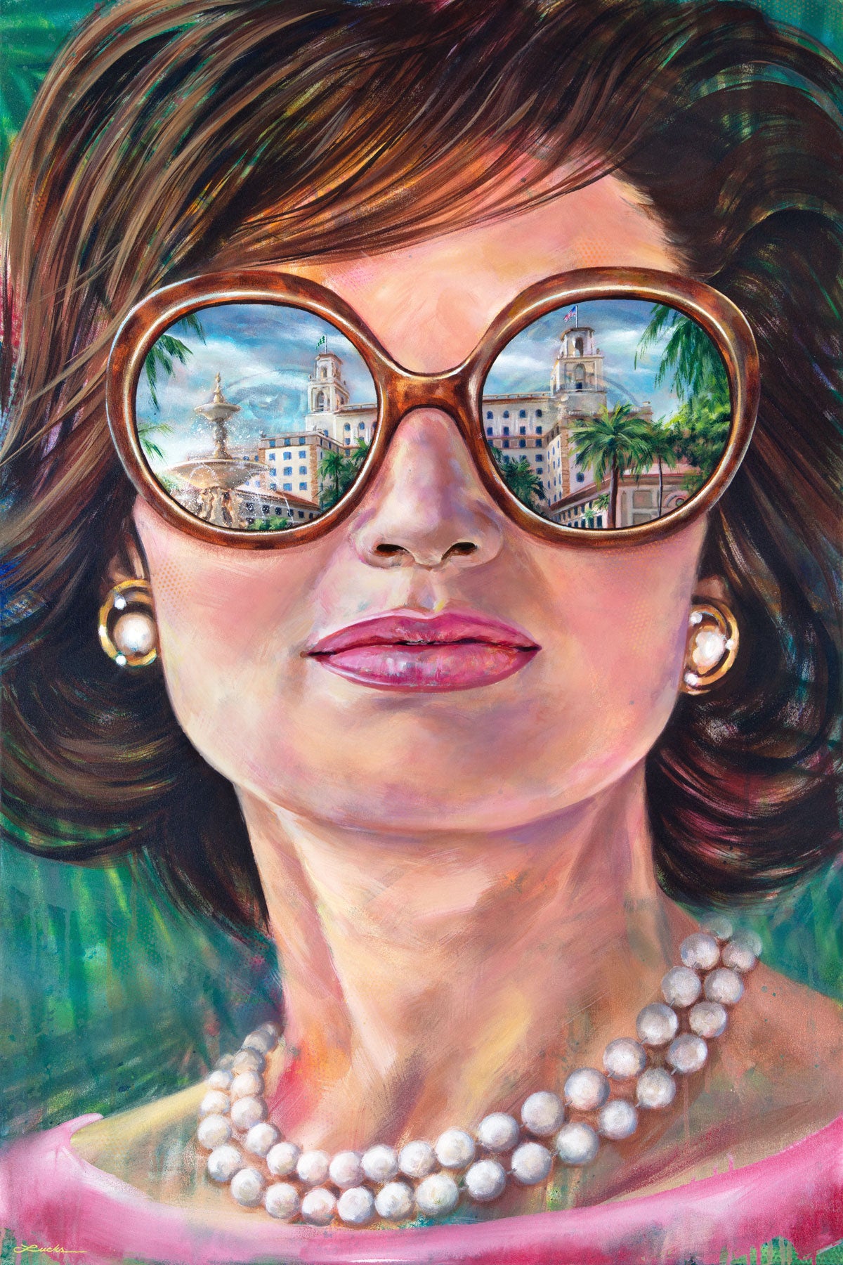 Painted portrait of Jackie Kennedy Onnassis wearing a pearl necklace and oversized sunglasses with the reflection of the Breakers Hotel in Palm Beach, Florida.