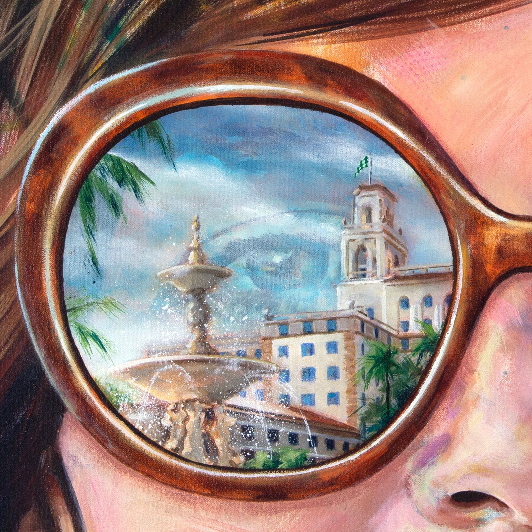 Painted portrait of Jackie Kennedy Onnassis wearing a pearl necklace and oversized sunglasses with the reflection of the Breakers Hotel in Palm Beach, Florida.