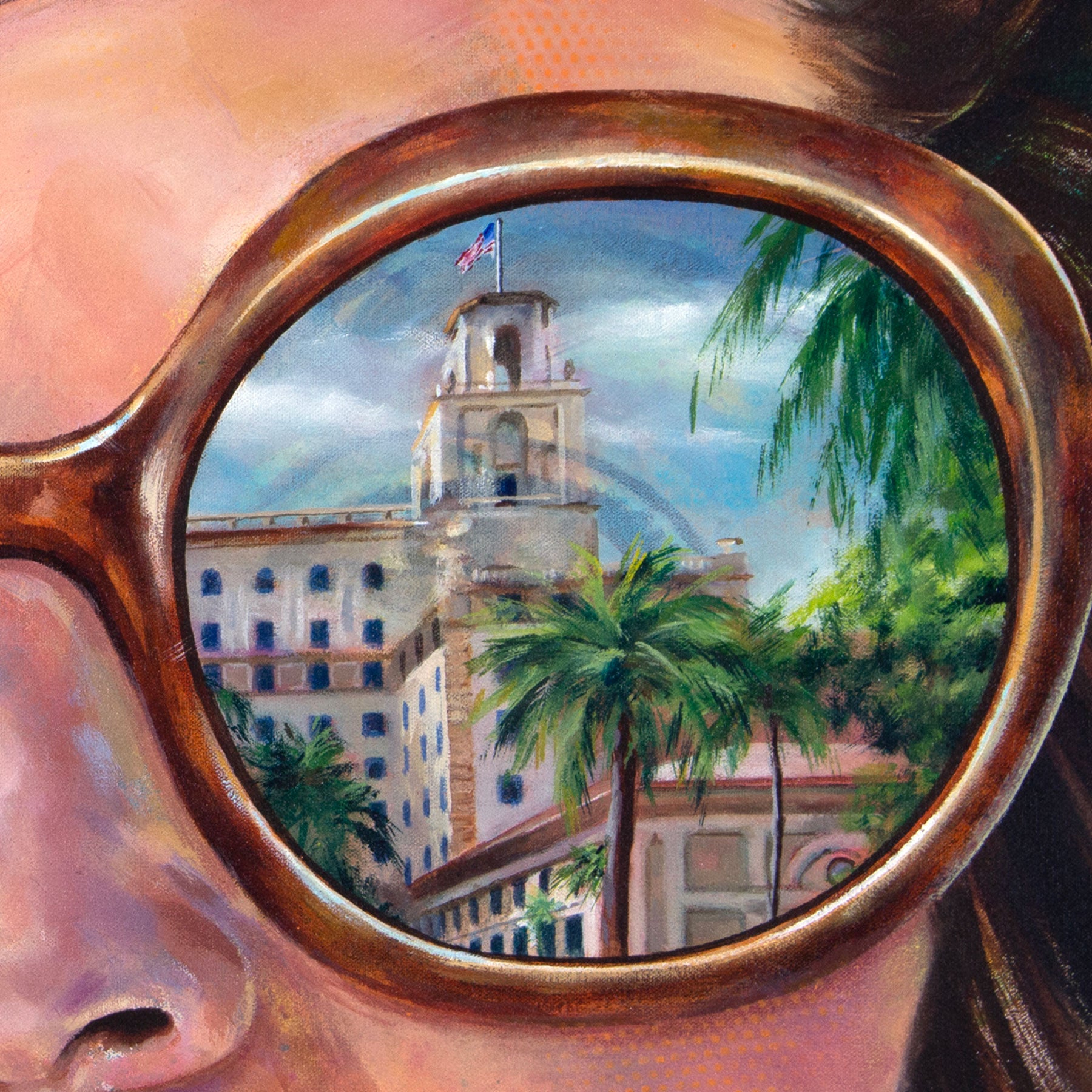 Painted portrait of Jackie Kennedy Onnassis wearing a pearl necklace and oversized sunglasses with the reflection of the Breakers Hotel in Palm Beach, Florida.