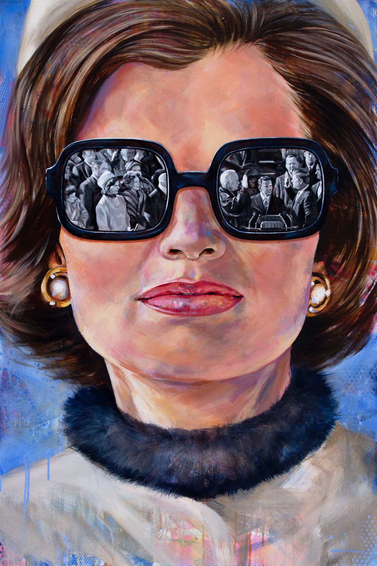 Portrait painting of Jackie Kennedy Onnassis wearing a camel colored pillbox hat and coat, large black rimmed sunglasses showing the reflection of President John F. Kennedy taking the oath of office at his innuaguration.