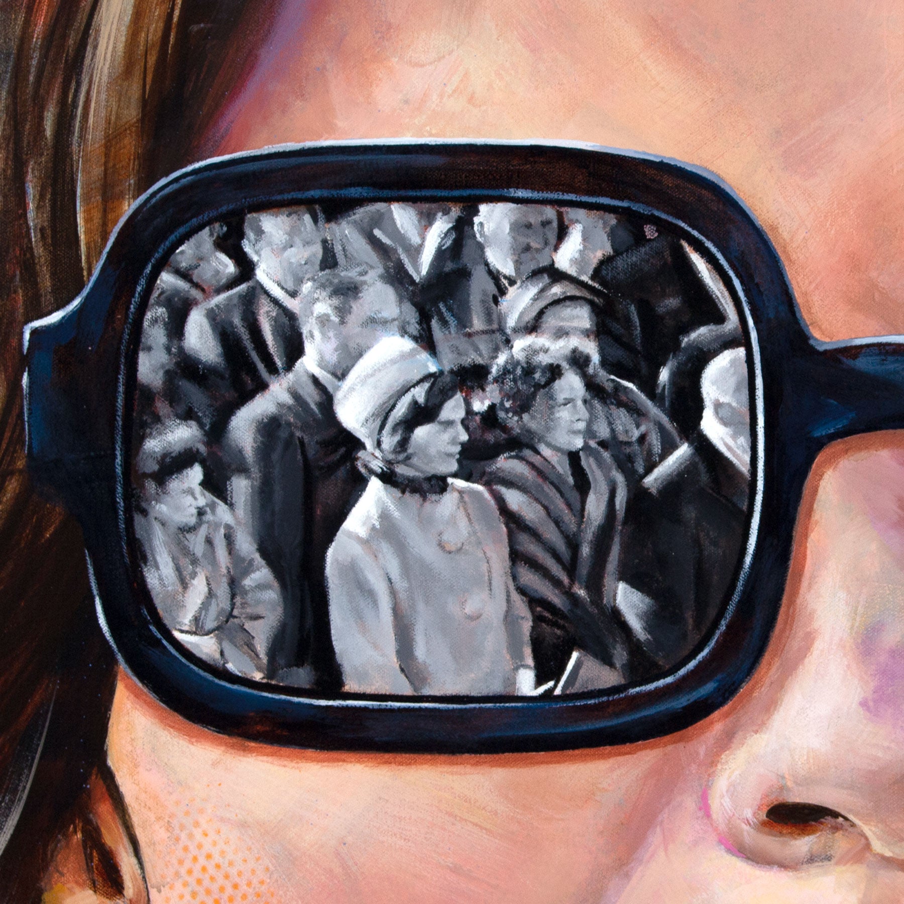 Portrait painting of Jackie Kennedy Onnassis wearing a camel colored pillbox hat and coat, large black rimmed sunglasses showing the reflection of President John F. Kennedy taking the oath of office at his innuaguration.