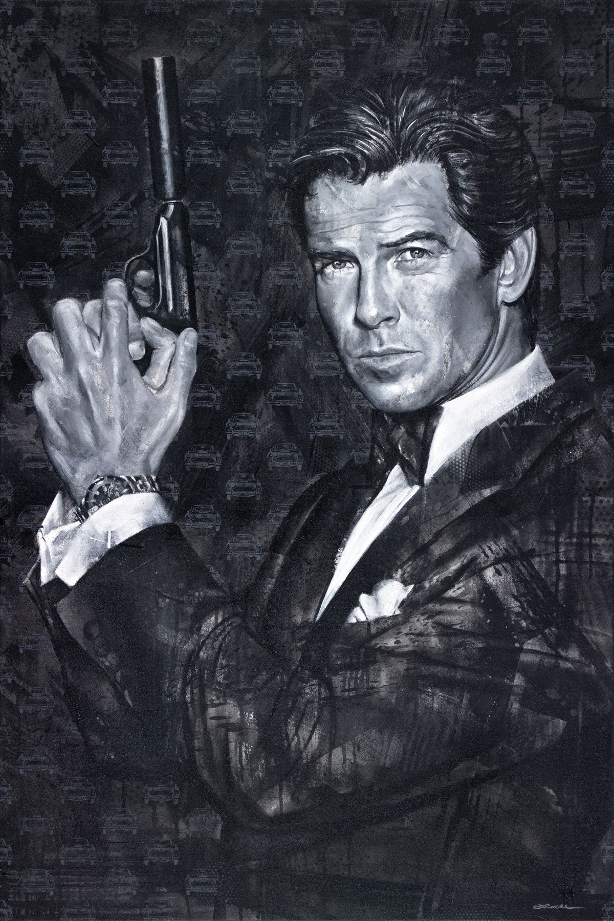 Portrait painting of Pierce Brosnan as secret agent James Bond, wearing a black tuxedo, white shirt, and holding a gun