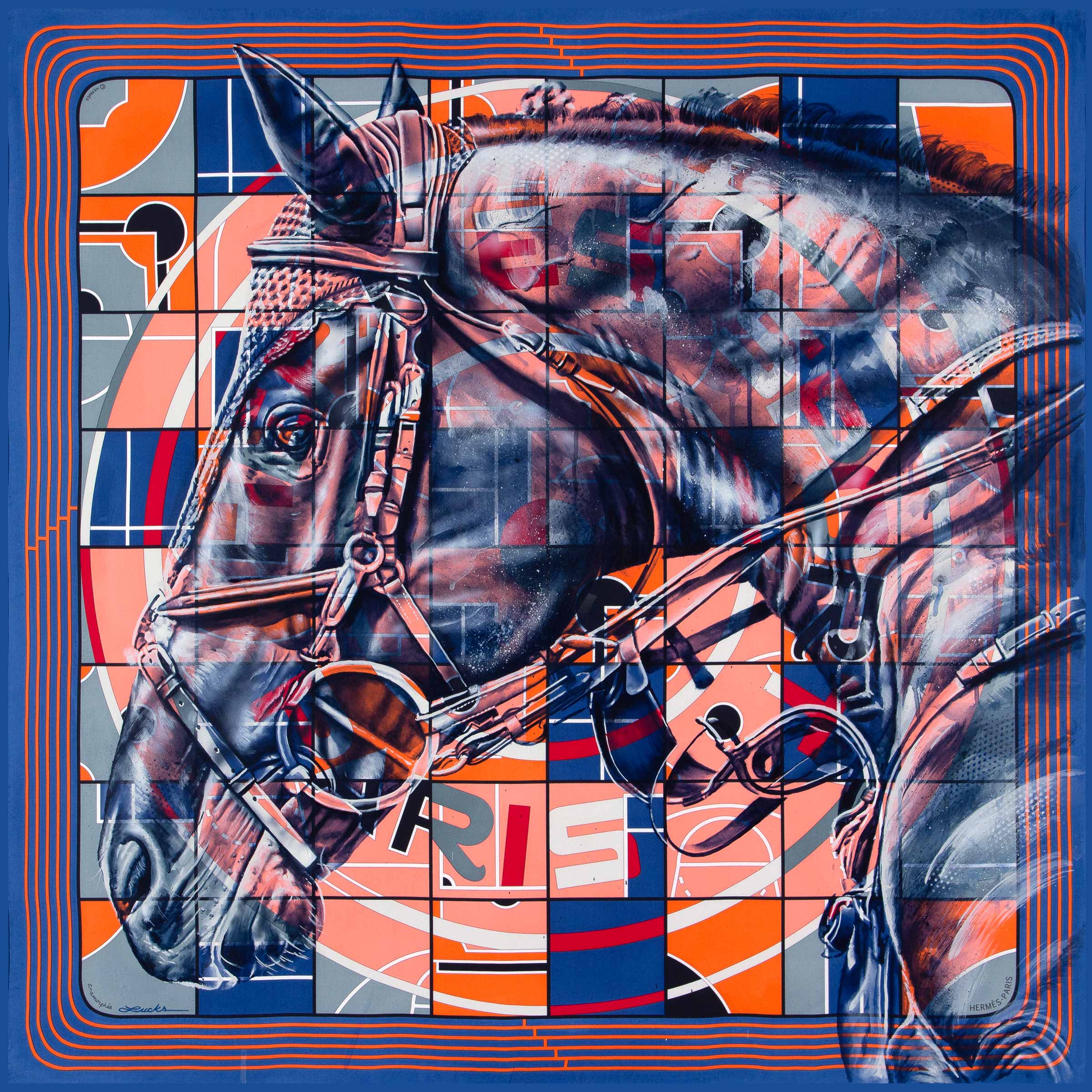 Showjumping horse in navy and white over a blue and orange Hermès Sport scarf design, original painting by Kyle Lucks