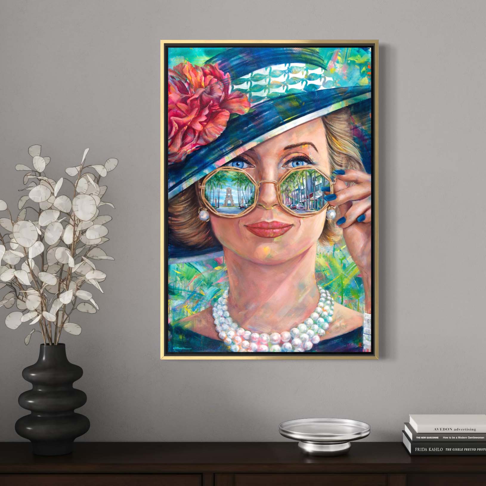Capote-style "swan" socialite on Worth Avenue by Kyle Lucks on a gallery-wrapped canvas in a gold float frame, front view