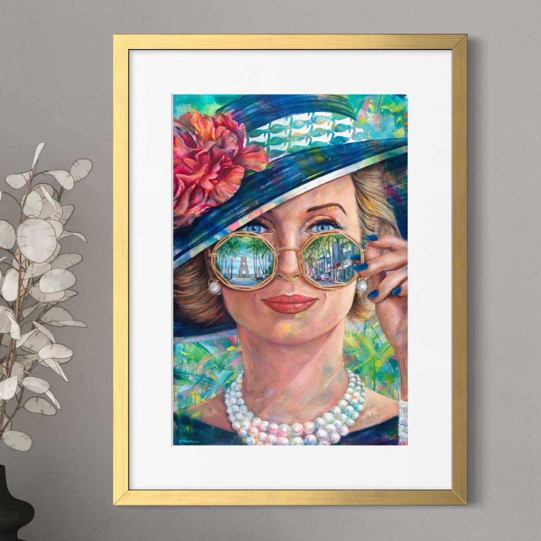 Capote-style "swan" socialite on Worth Avenue by Kyle Lucks as a framed giclée fine art print in a gold frame, front view