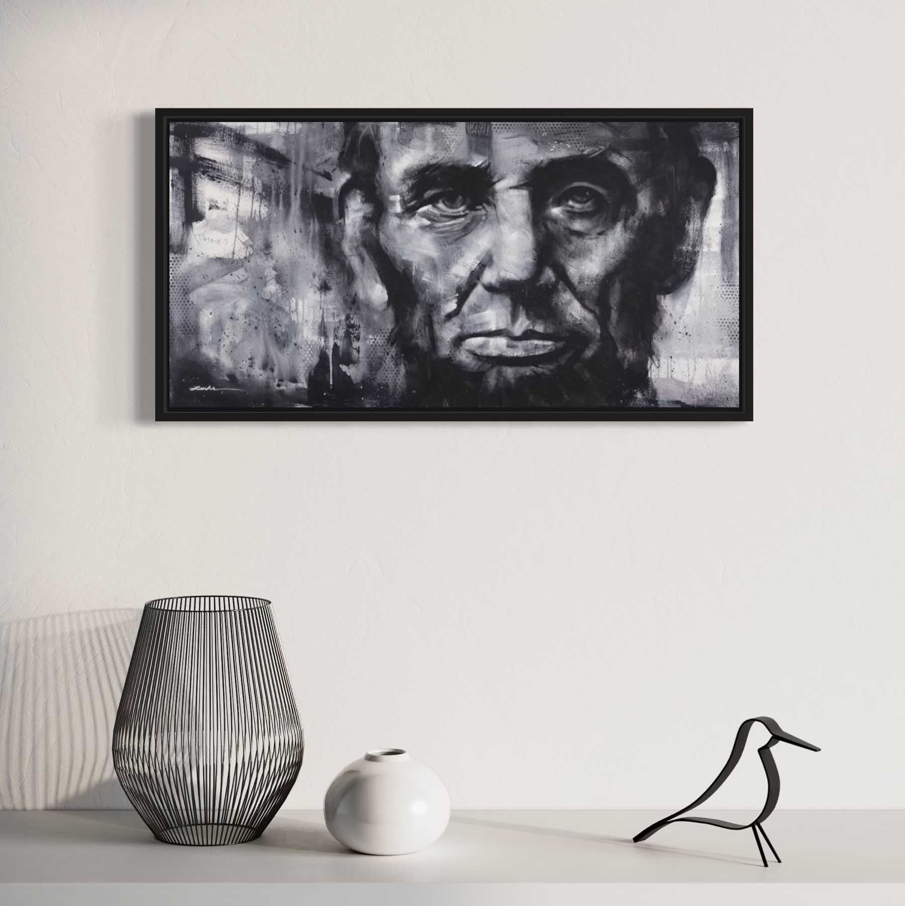 16th U.S. President Abraham Lincoln by Kyle Lucks on a gallery-wrapped canvas in a black float frame, front view