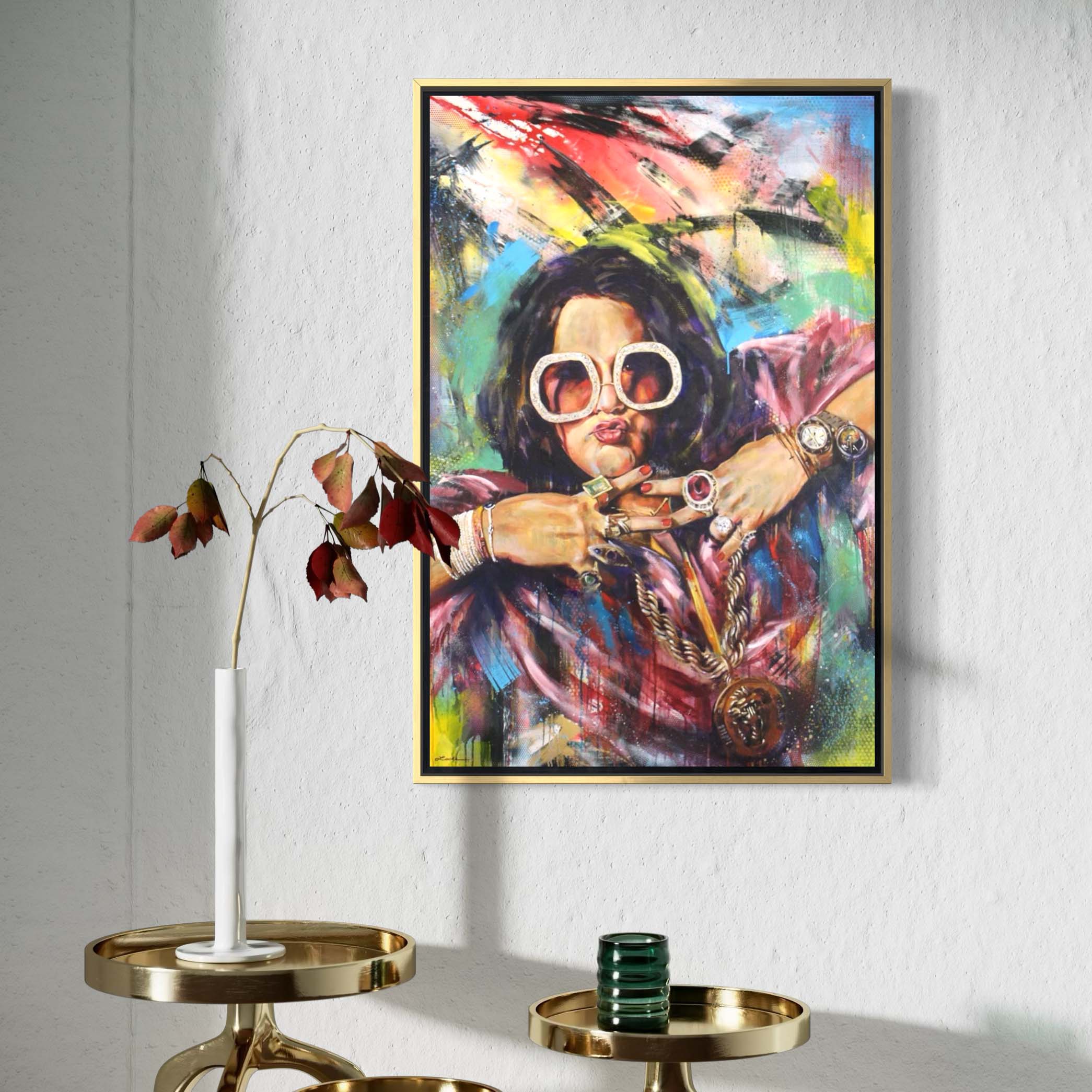 Pop artist Ashley Longshore by Kyle Lucks on a gallery-wrapped canvas in a gold float frame, front view