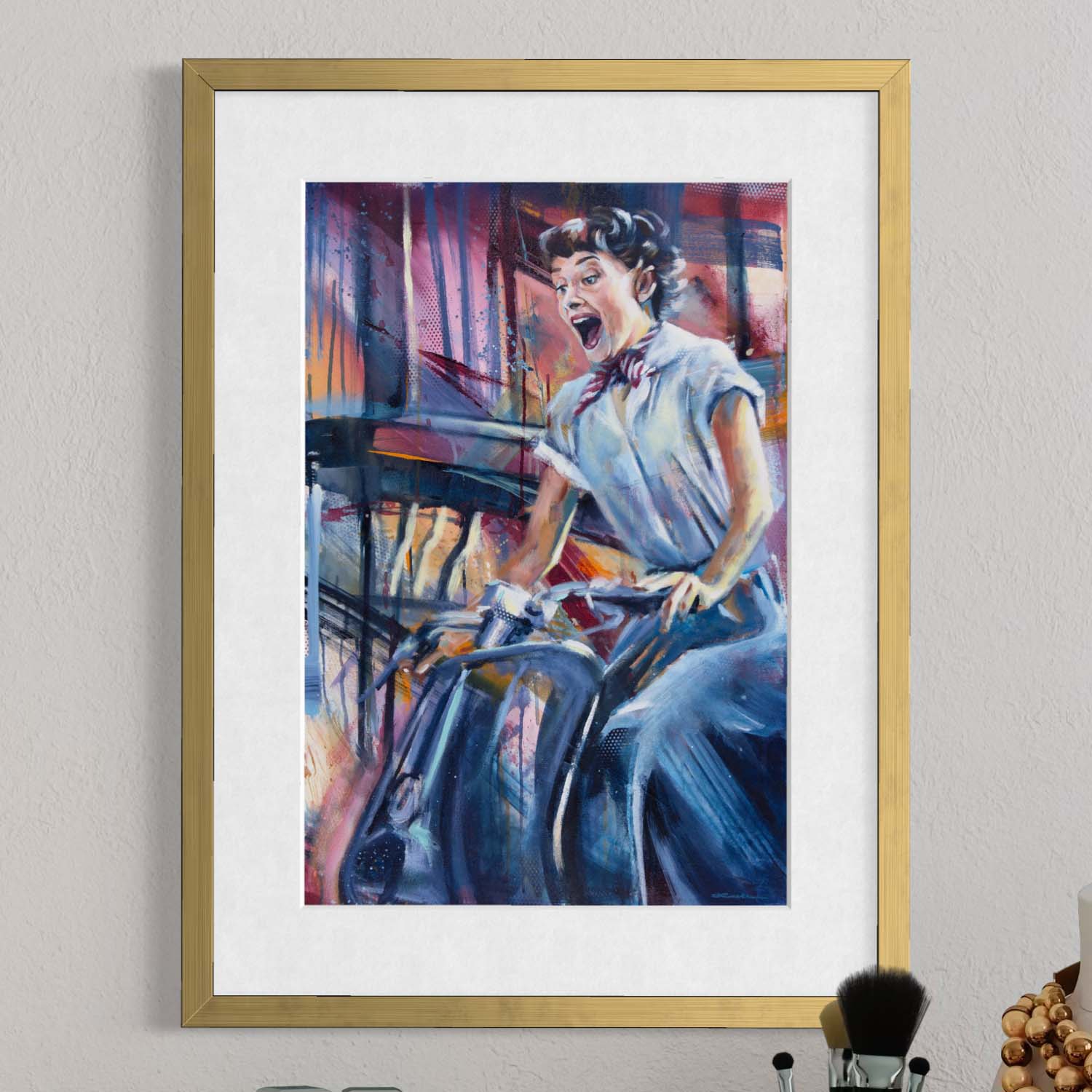 Audrey Hepburn's Roman Holiday Vespa scene by Kyle Lucks as a framed giclée fine art print in a gold frame, front view