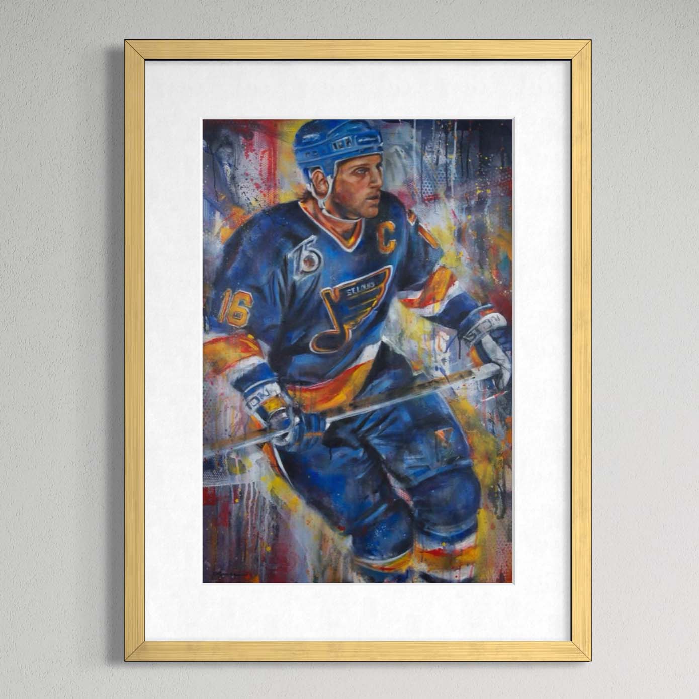 Blues hockey legend Brett Hull by Kyle Lucks as a framed giclée fine art print in a gold frame, front view