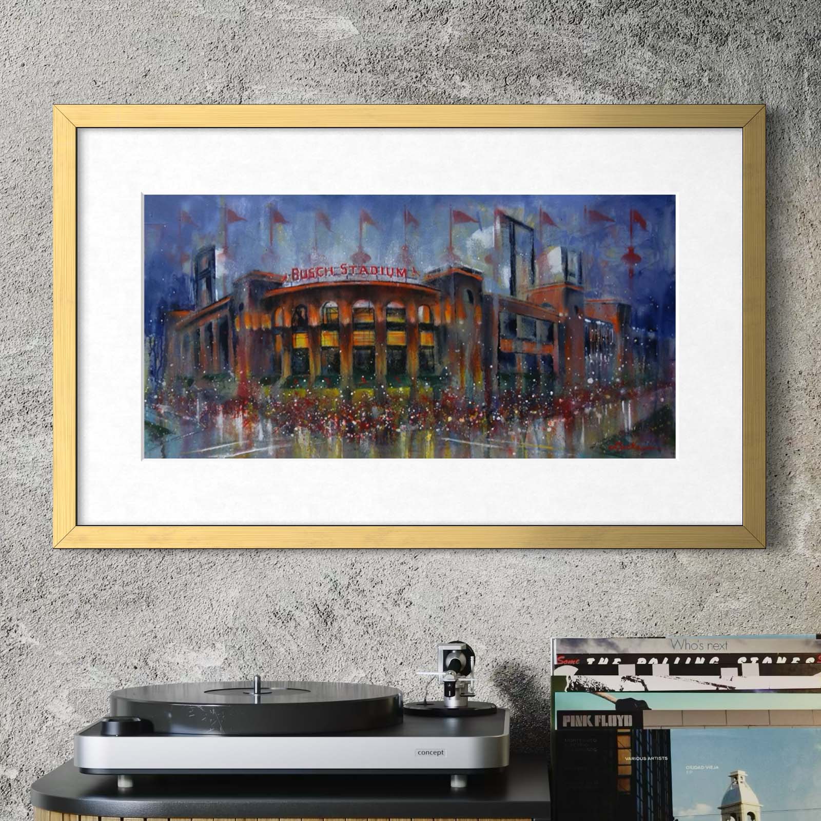 Busch Stadium Cardinals ballpark at night by Kyle Lucks as a framed giclée fine art print in a gold frame, front view