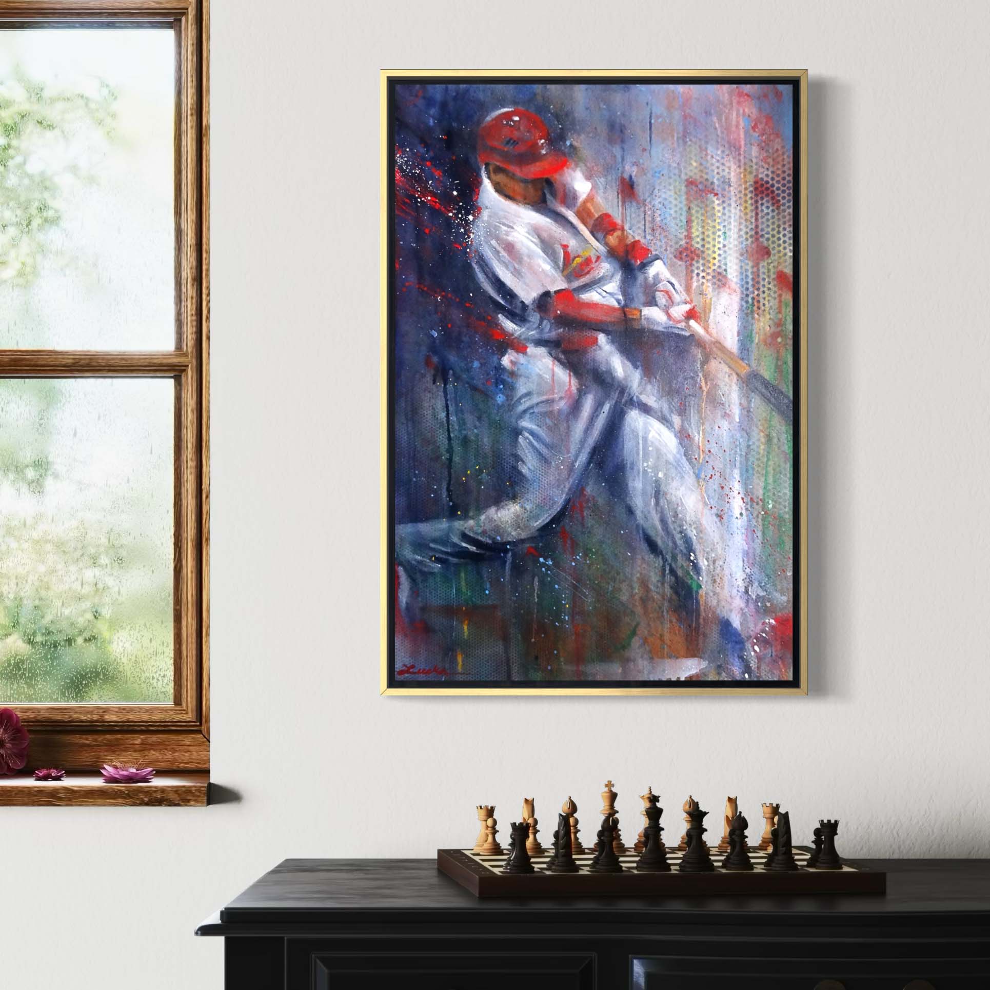 St. Louis Cardinals baseball home run by Kyle Lucks on a gallery-wrapped canvas in a gold float frame, front view