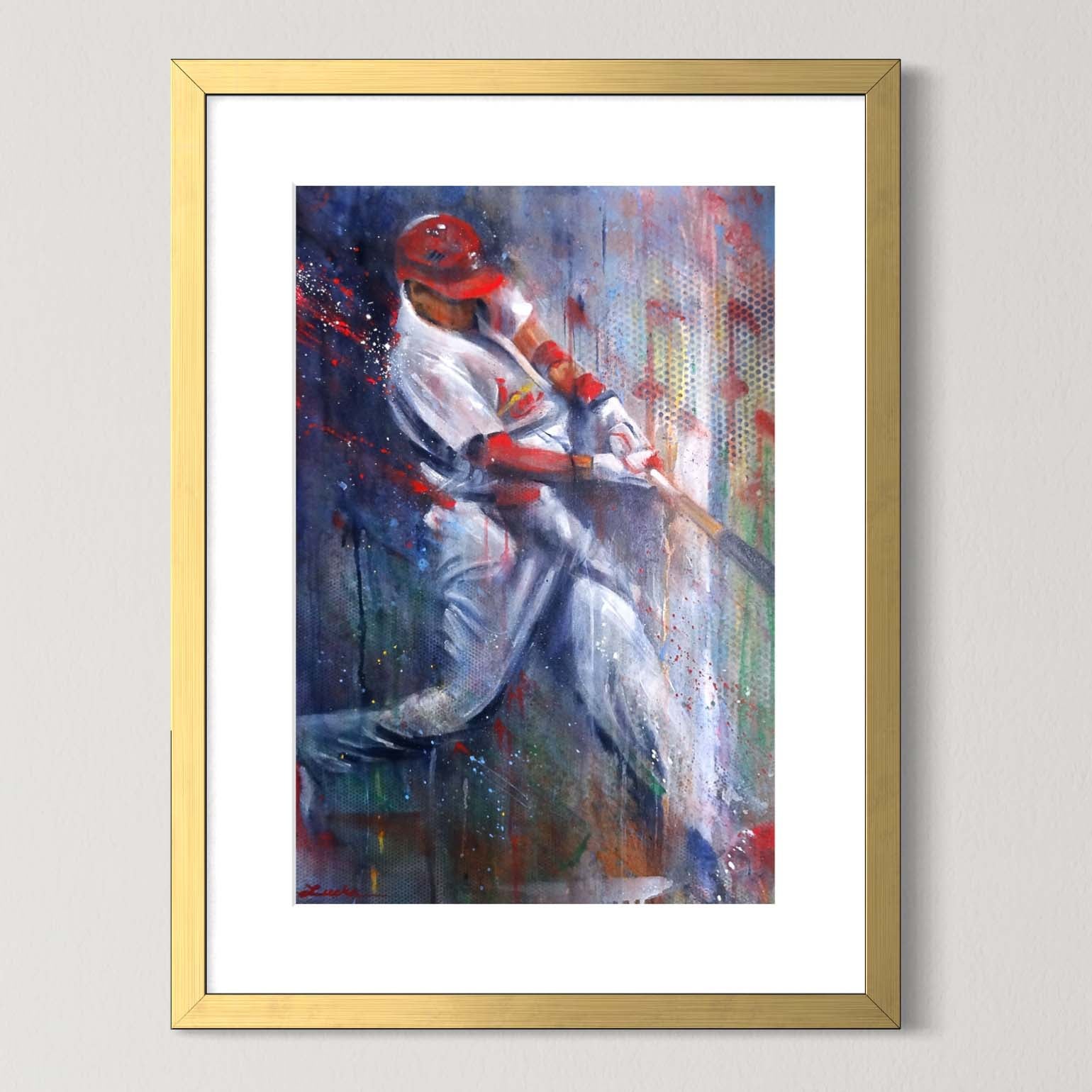 St. Louis Cardinals baseball home run by Kyle Lucks as a framed giclée fine art print in a gold frame, front view