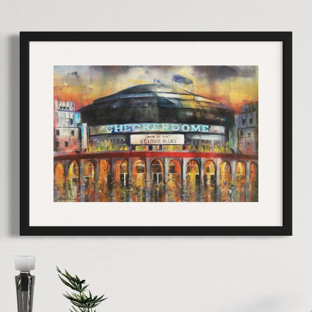 St. Louis Arena hockey venue by Kyle Lucks as a framed giclée fine art print in a black frame, front view