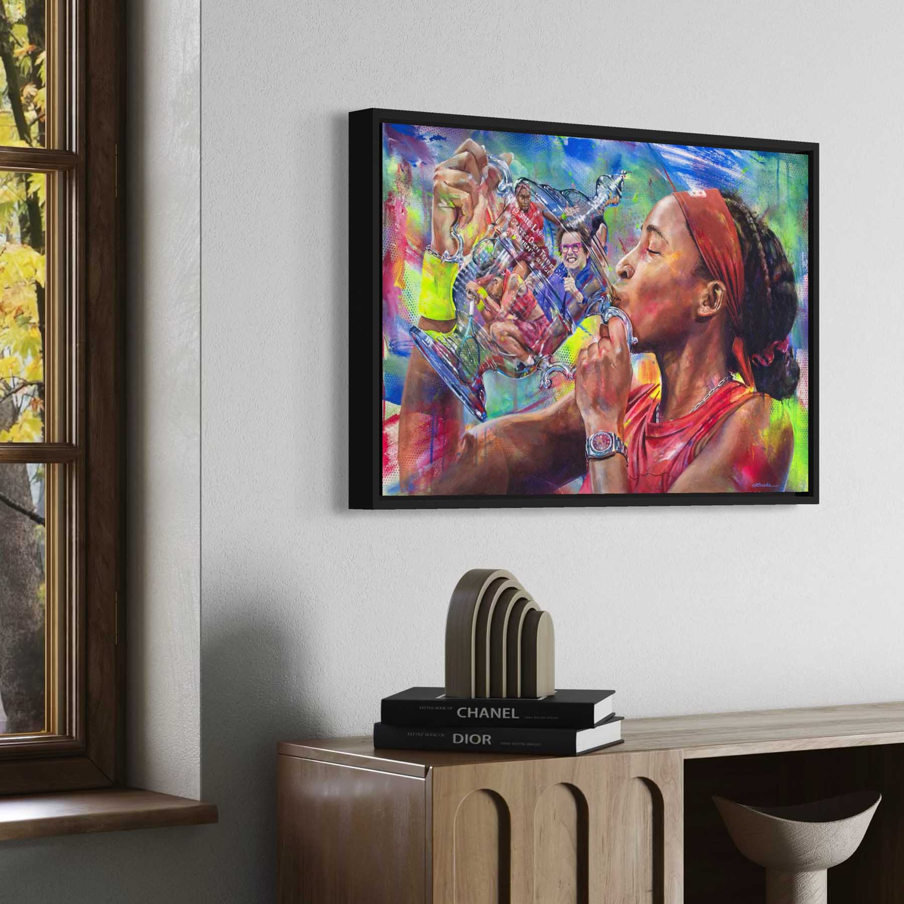 Painting of tennis star Coco Gauff holding Tiffany's designed U.S. Open trophy with reflection of Billie Jean King, tennis fine art print by Kyle Lucks