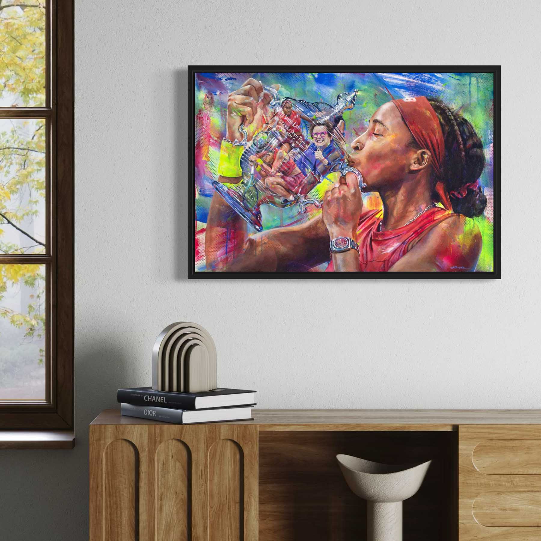 Framed art print of painting of tennis star Coco Gauff holding Tiffany's designed U.S. Open trophy with reflection of Billie Jean King, tennis fine art print by Kyle Lucks