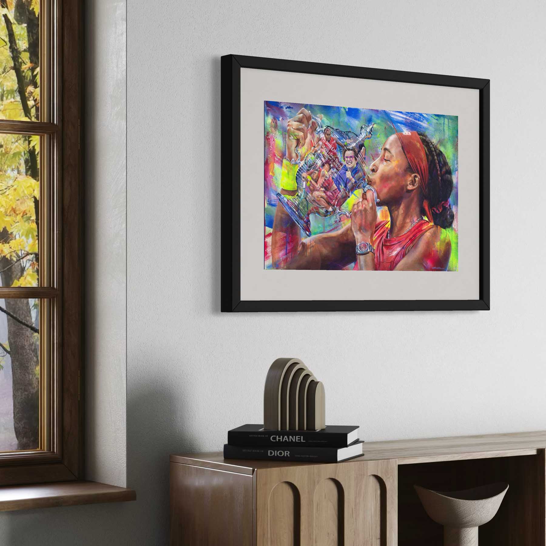 Framed art print of painting of tennis star Coco Gauff holding Tiffany's designed U.S. Open trophy with reflection of Billie Jean King, tennis fine art print by Kyle Lucks