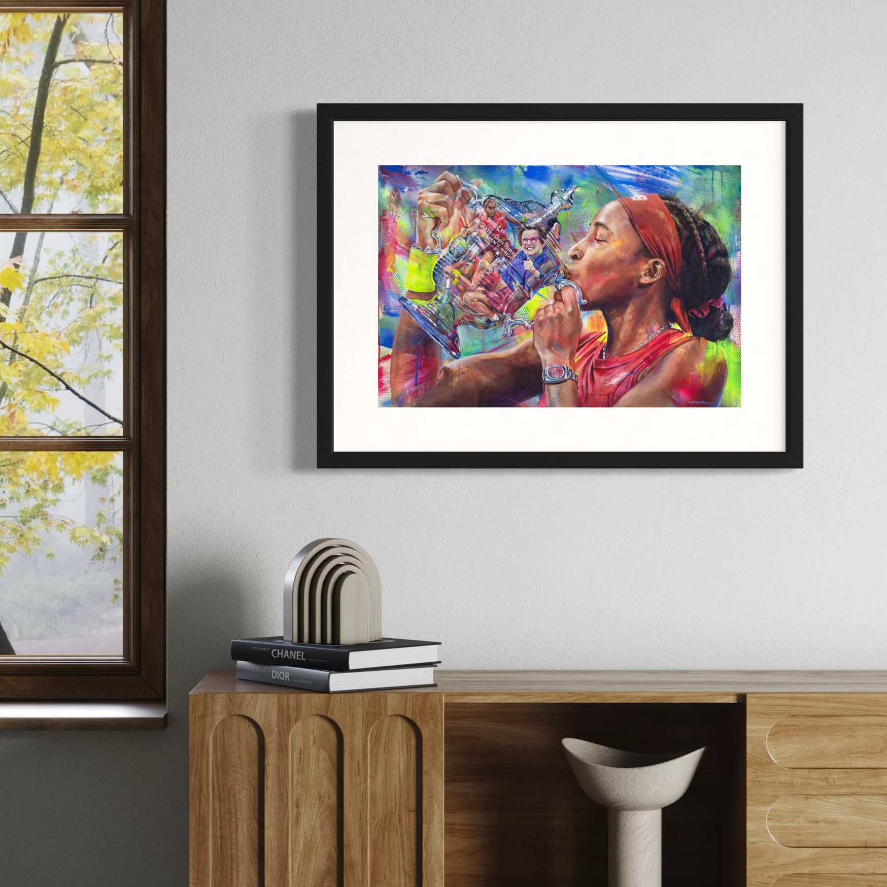 Framed art print of painting of tennis star Coco Gauff holding Tiffany's designed U.S. Open trophy with reflection of Billie Jean King, tennis fine art print by Kyle Lucks