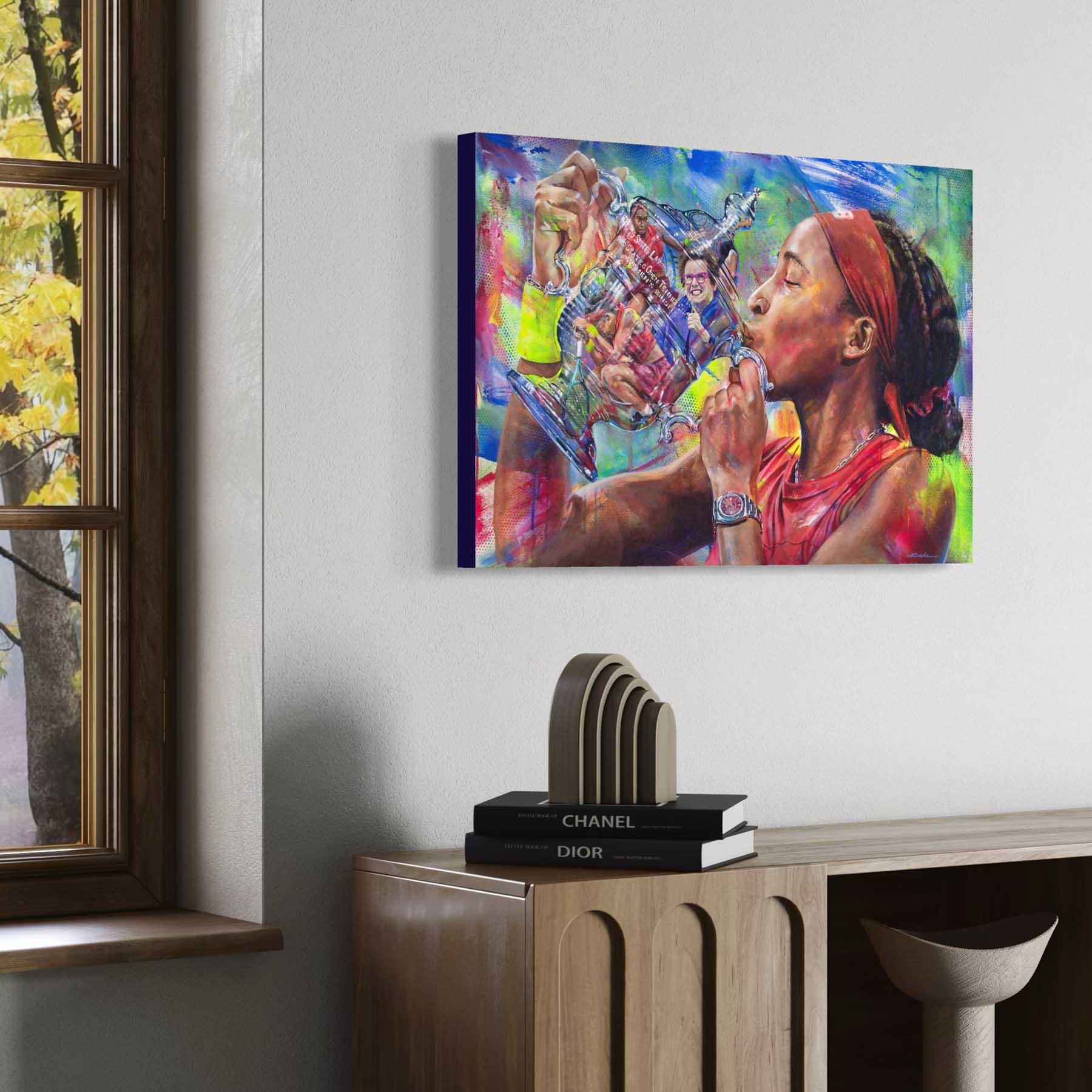 Painting of tennis star Coco Gauff holding Tiffany's designed U.S. Open trophy with reflection of Billie Jean King, tennis fine art print by Kyle Lucks