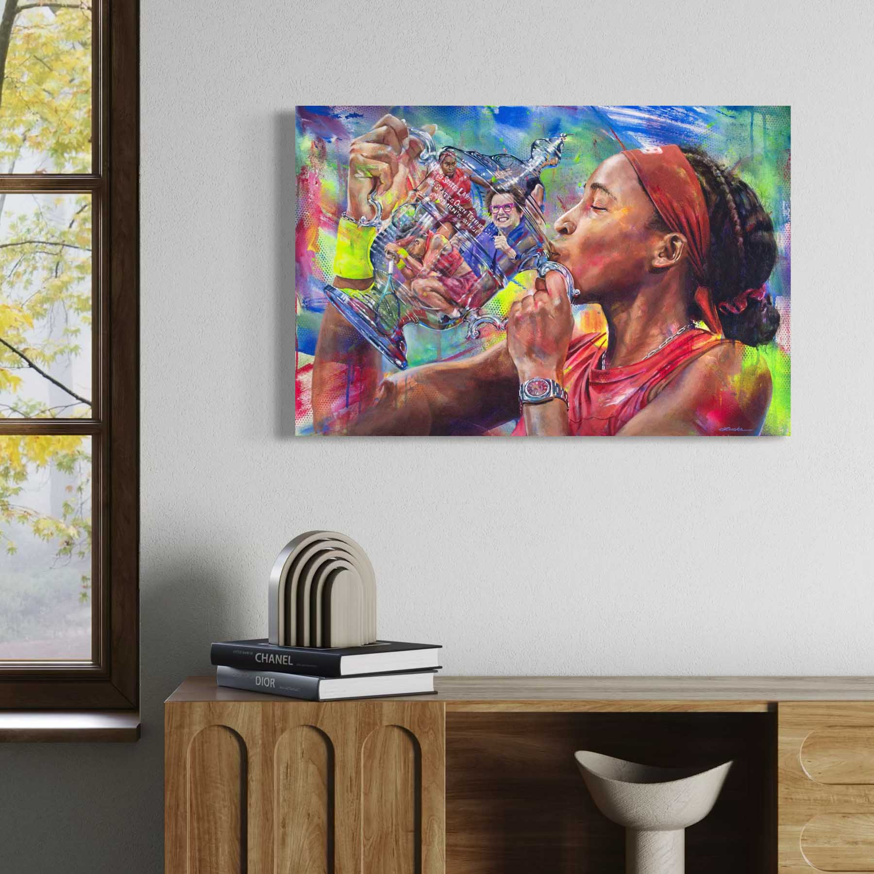Painting of tennis star Coco Gauff holding Tiffany's designed U.S. Open trophy with reflection of Billie Jean King, tennis fine art print by Kyle Lucks
