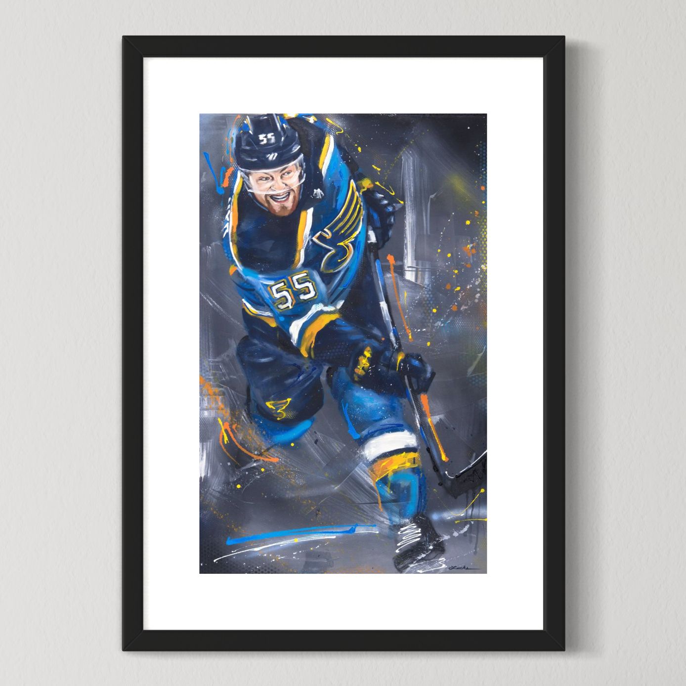 Blues defenseman Colton Parayko by Kyle Lucks as a framed giclée fine art print in a black frame, front view