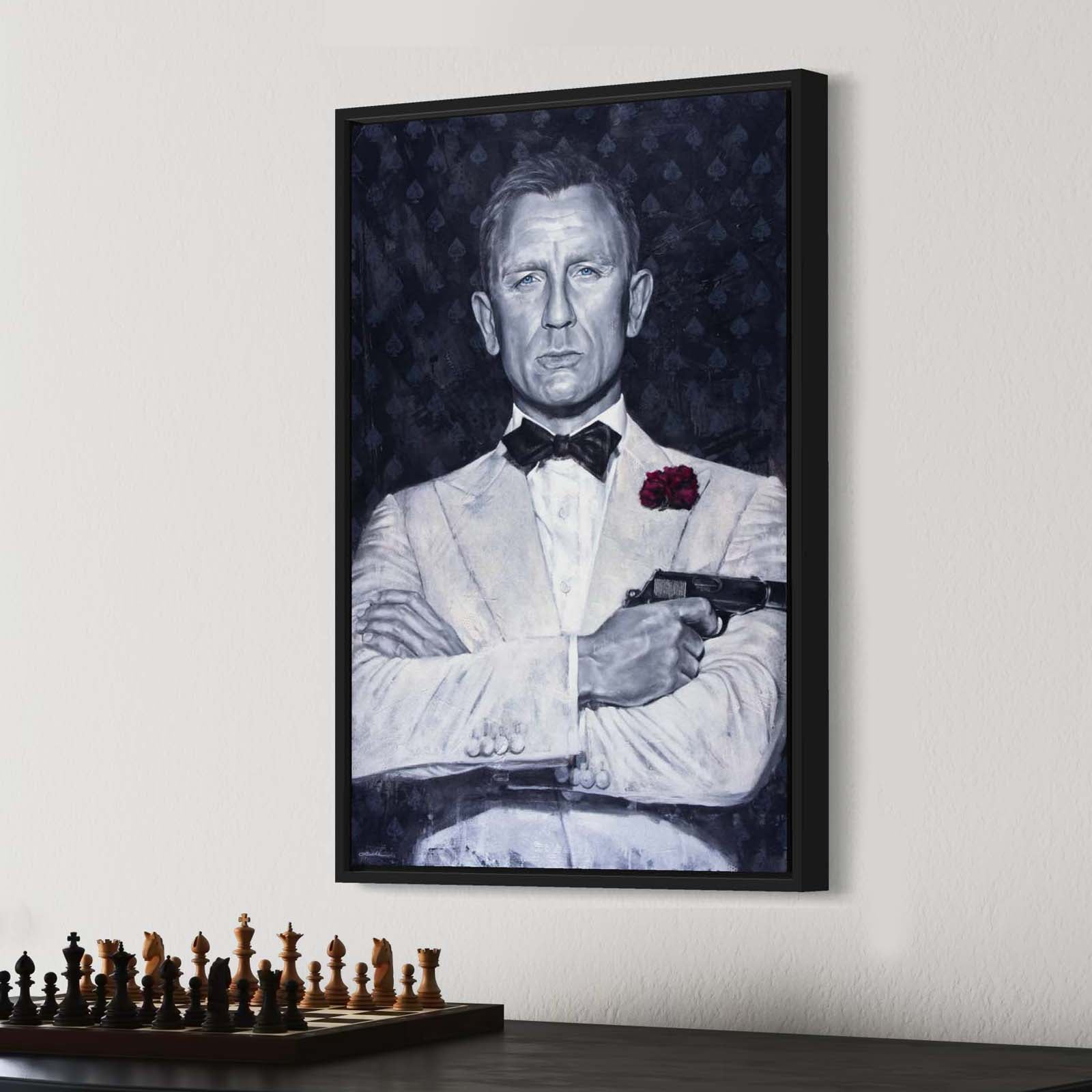 Portrait painting of Daniel Craig as secret agenct James Bond, wearing a white tuxedo, with his arms crossed and holding a gun. Dark gray background with spades symbol and the words Agent 007.