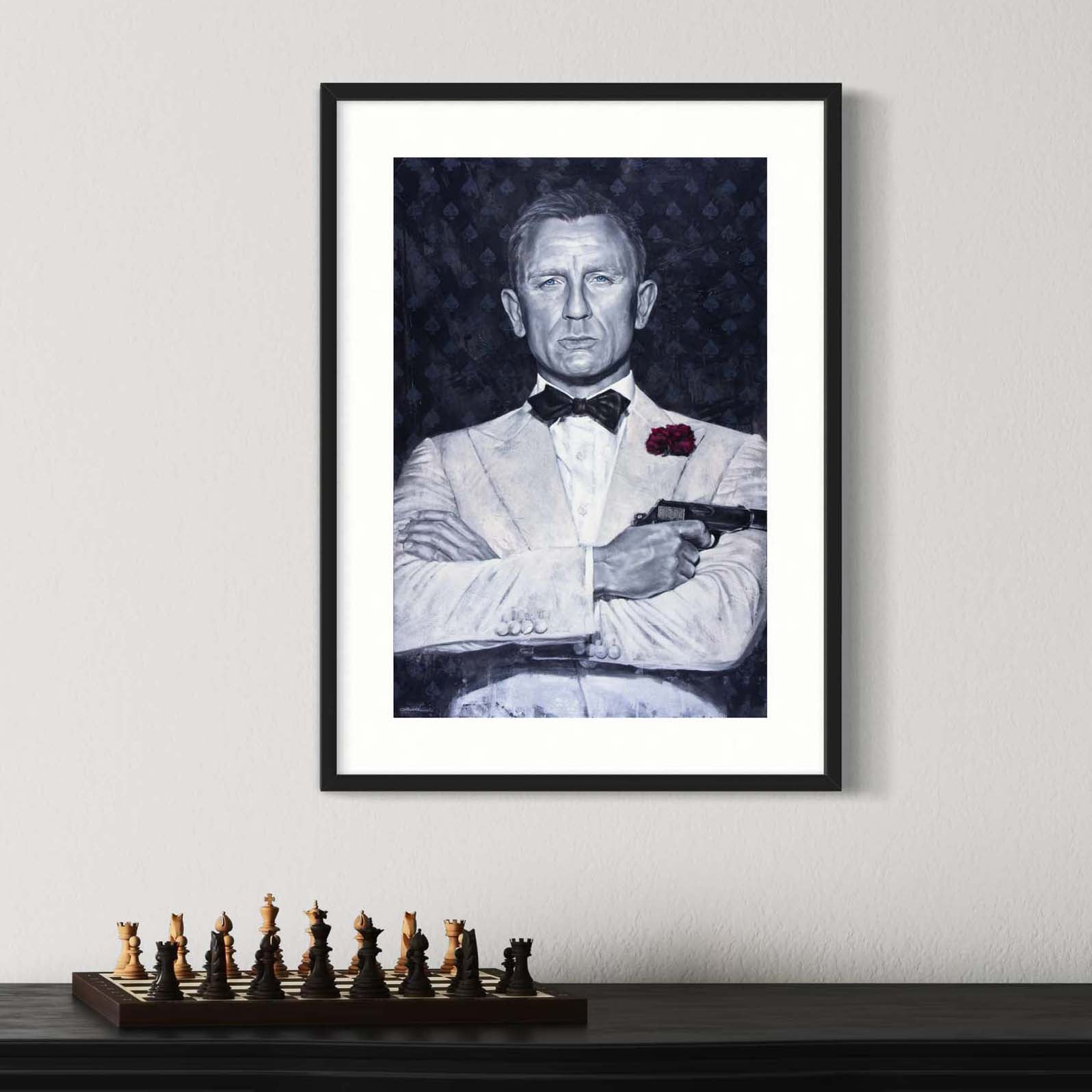 Portrait painting of Daniel Craig as secret agenct James Bond, wearing a white tuxedo, with his arms crossed and holding a gun. Dark gray background with spades symbol and the words Agent 007.