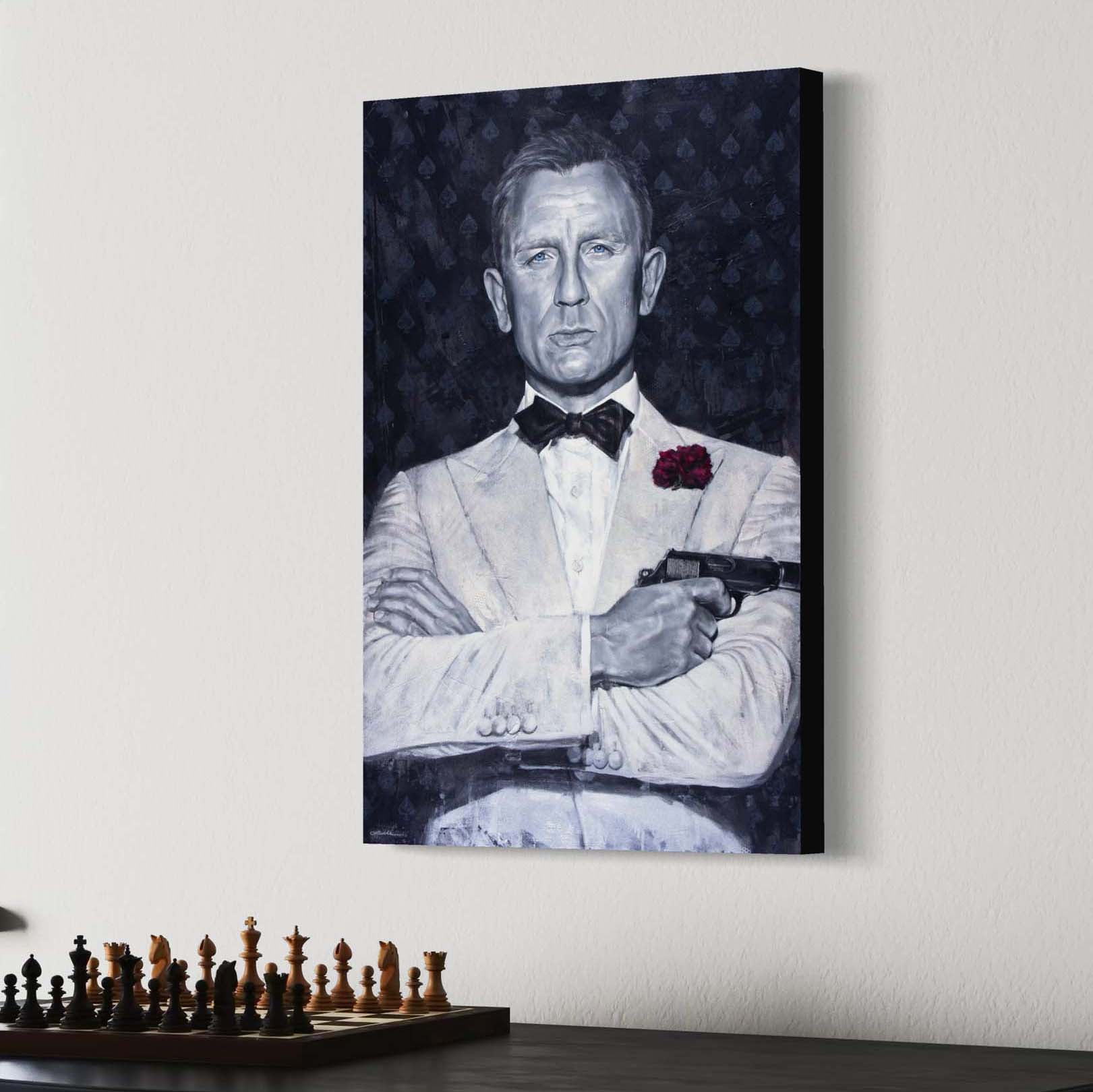 Portrait painting of Daniel Craig as secret agenct James Bond, wearing a white tuxedo, with his arms crossed and holding a gun. Dark gray background with spades symbol and the words Agent 007.