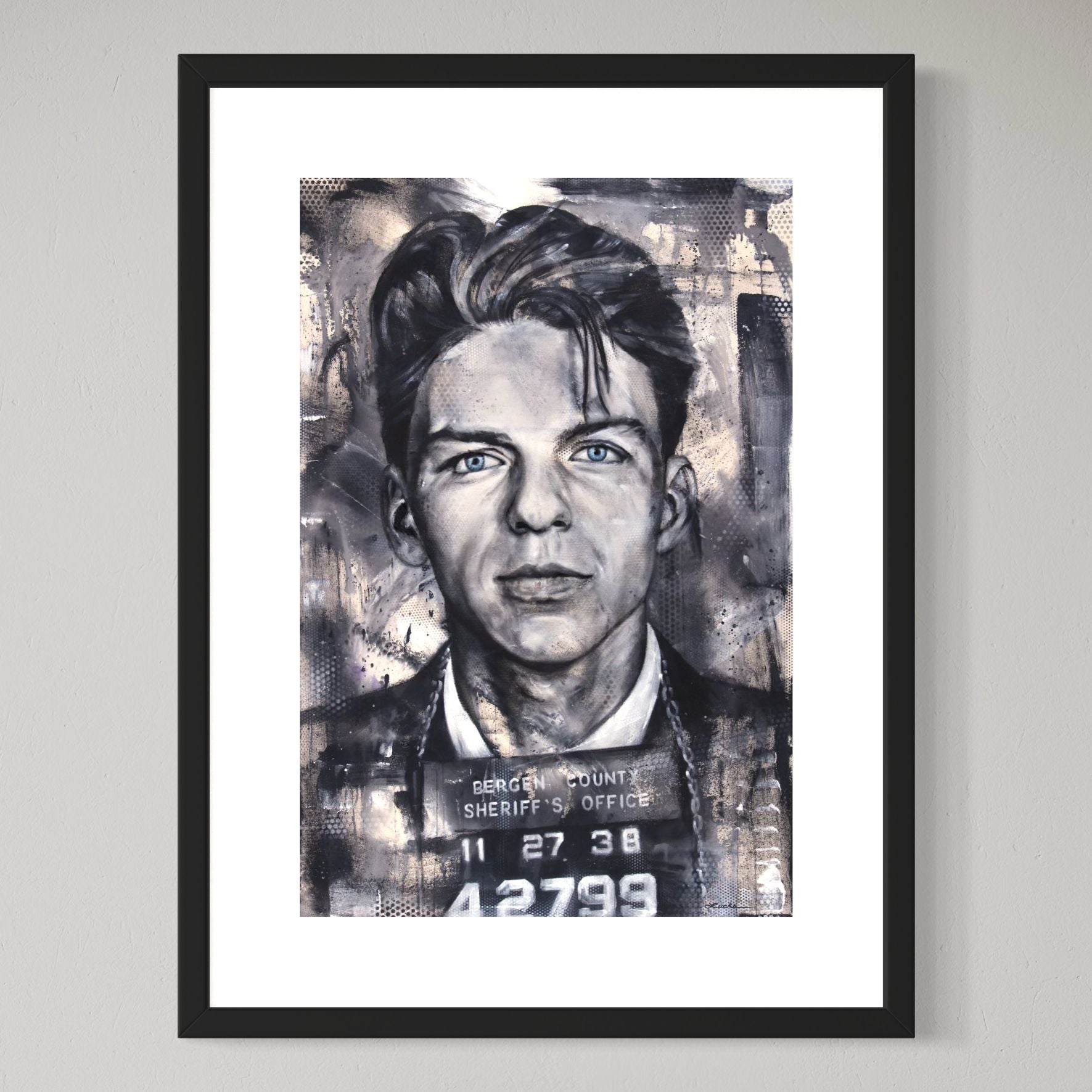 Singer Frank Sinatra's 1938 mugshot by Kyle Lucks as a framed giclée fine art print, front view