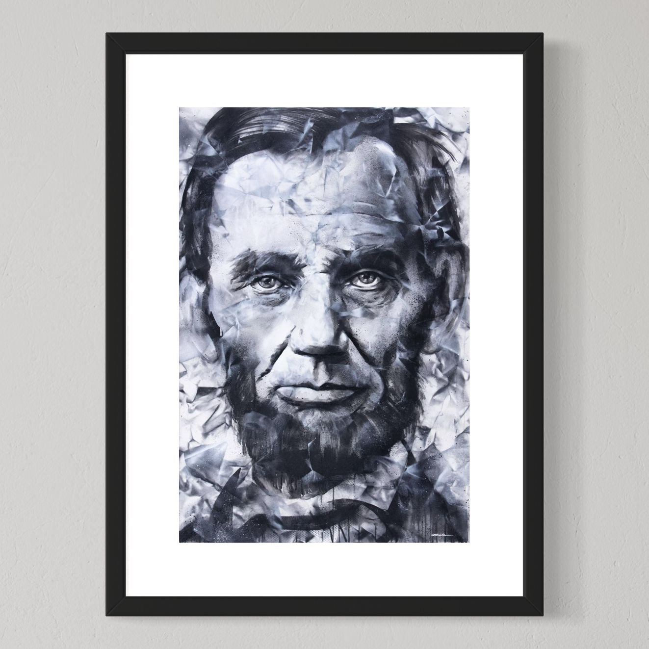 President Abraham Lincoln portrait by Kyle Lucks as a framed giclée fine art print in a black frame, front view