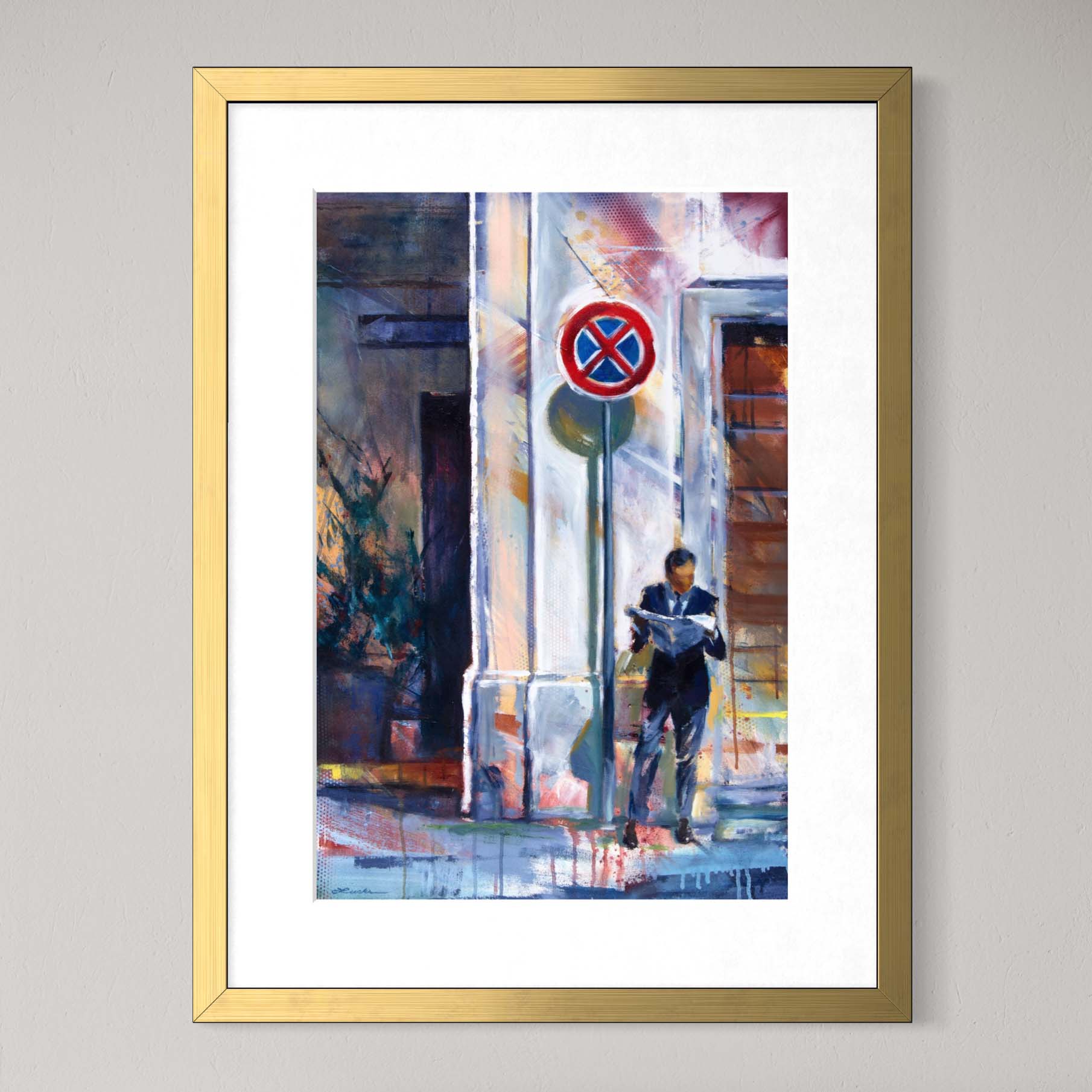 Well-dressed man reading newspaper in Florence by Kyle Lucks as a framed giclée fine art print in a gold frame, front view