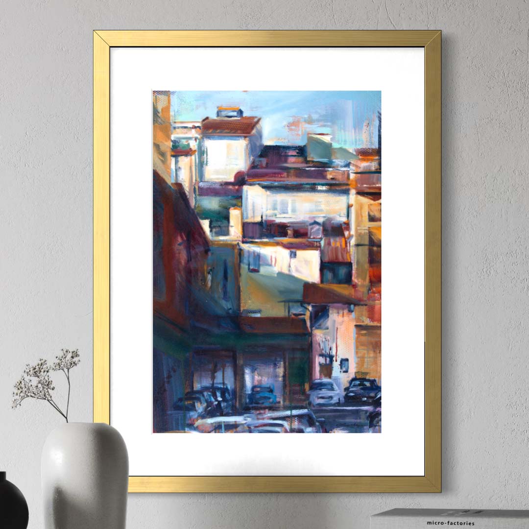 Florence rooftop apartments in sunlight by Kyle Lucks as a framed giclée fine art print in a gold frame, front view