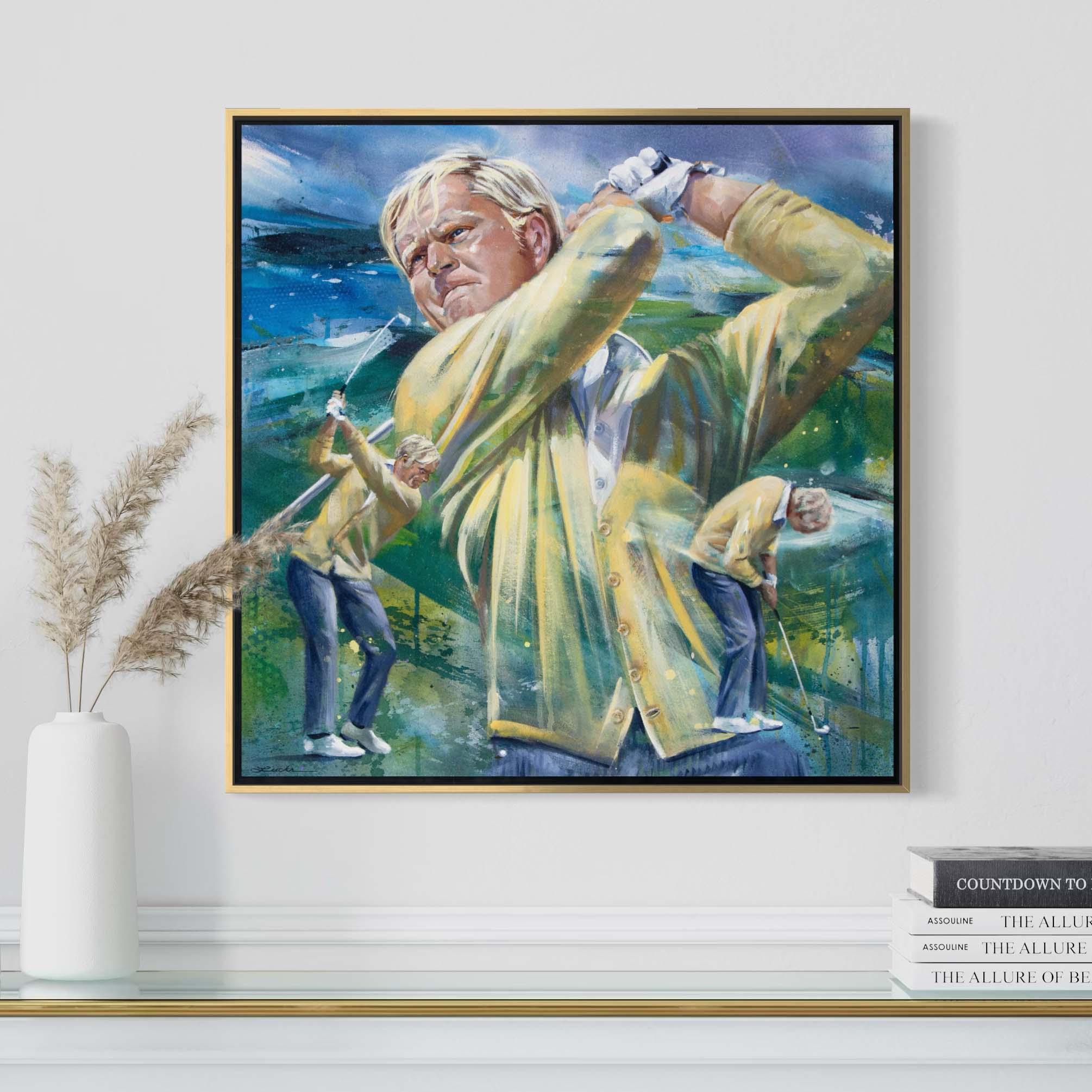 Golf legend Jack Nicklaus at Pebble Beach by Kyle Lucks on a gallery-wrapped canvas in a gold float frame, front view