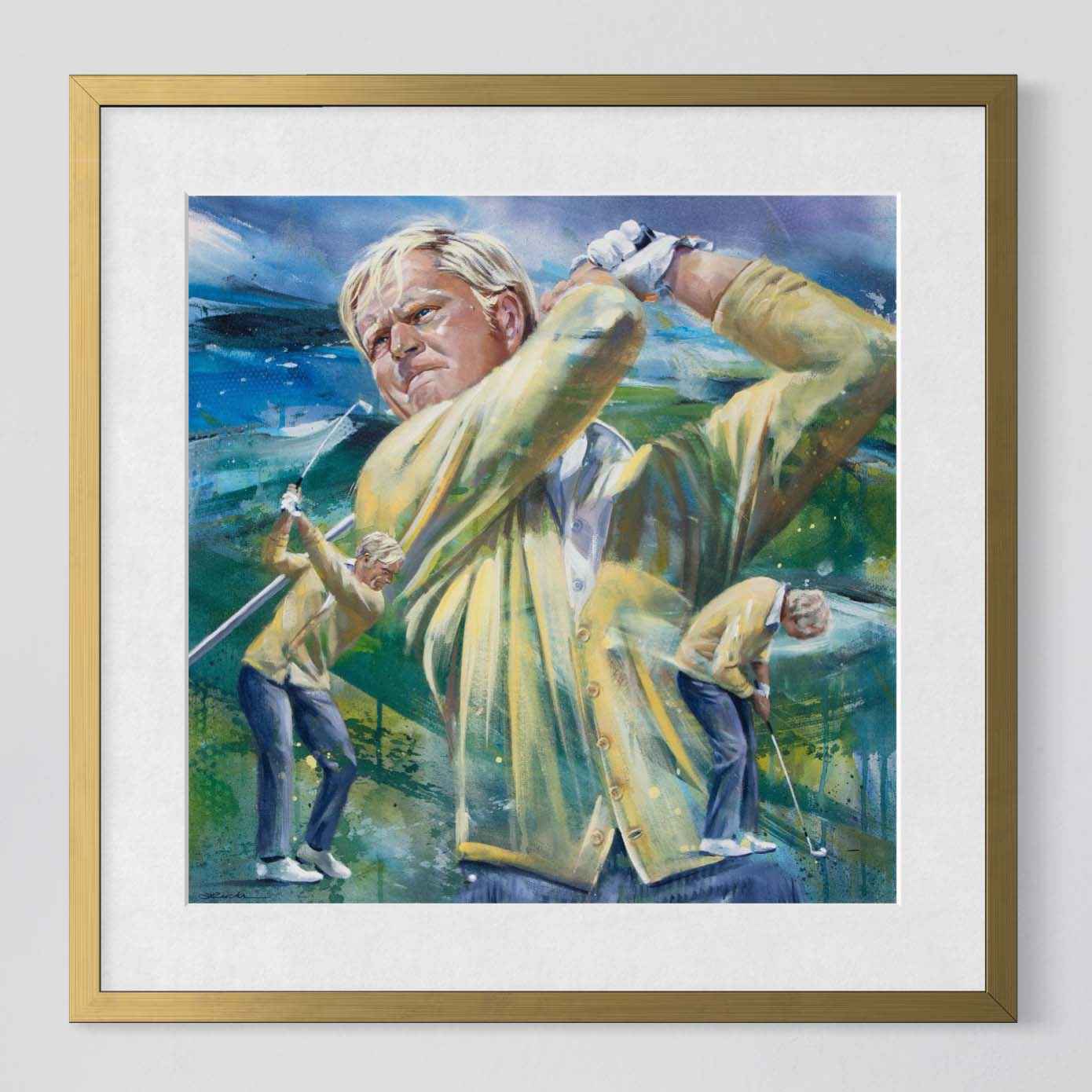 Golf legend Jack Nicklaus at Pebble Beach by Kyle Lucks as a framed giclée fine art print in a gold frame, front view