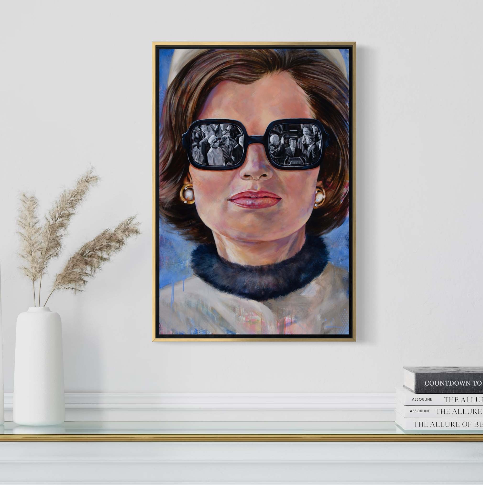 Jackie Kennedy at JFK's inauguration by Kyle Lucks on a gallery-wrapped canvas in a gold float frame, front view